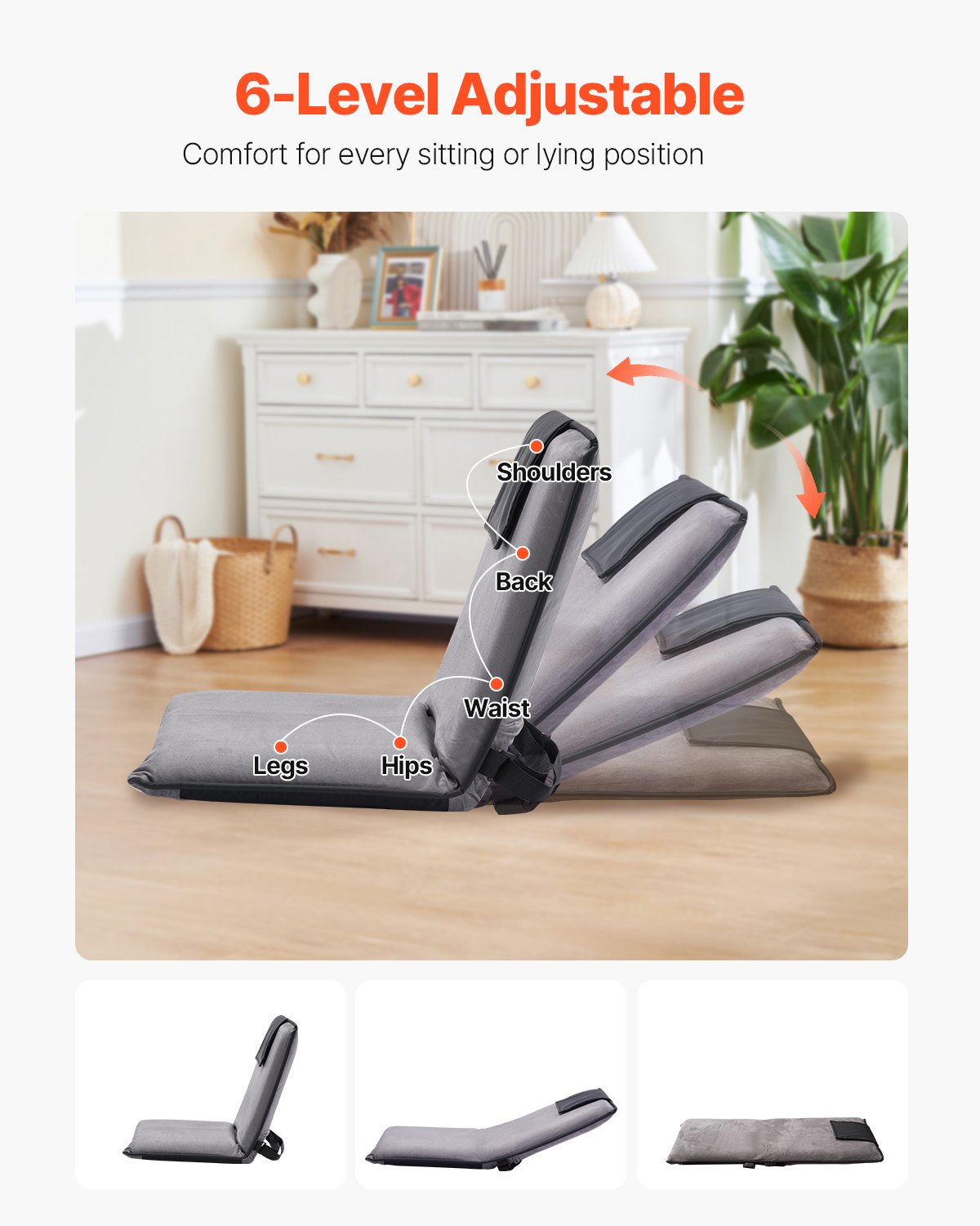 6-Position Adjustable Floor Chair with Back Support for Reading and Gaming
