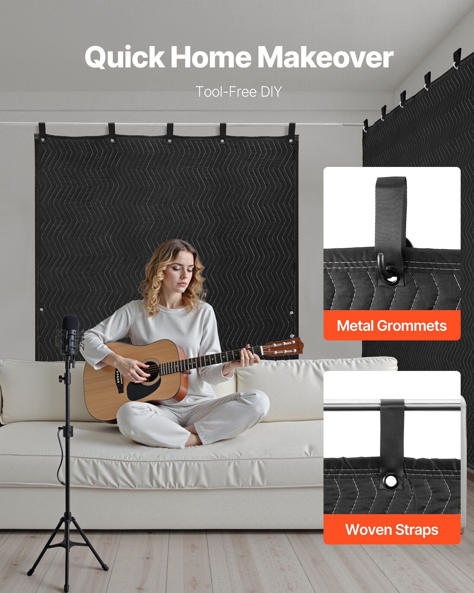 Sound Dampening Blanket 2032x1219mm Grommeted Soundproof Studio Curtain, Black