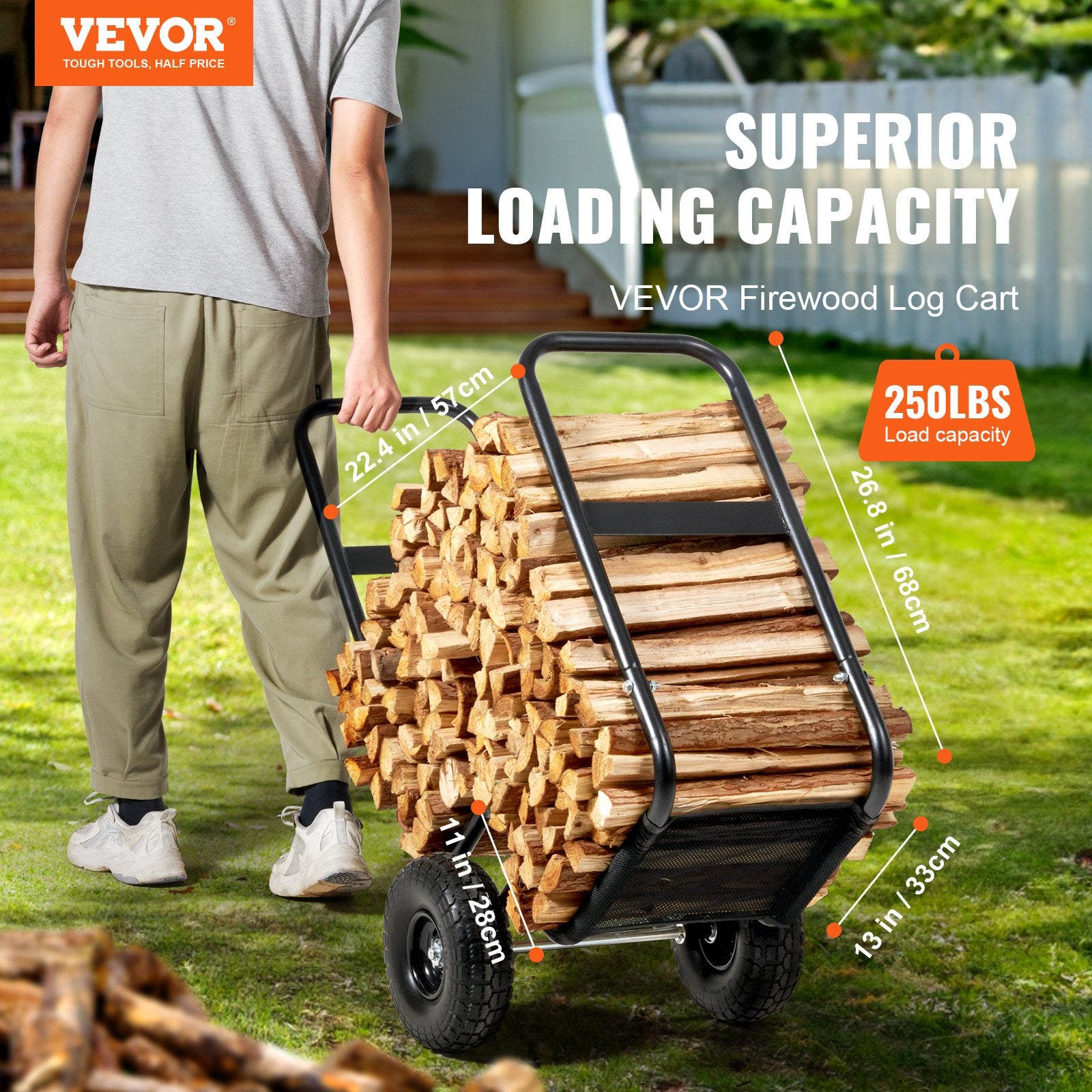 Firewood Log Cart 250lbs Steel PU Wheels Waterproof Wood Rack Heavy Duty Black