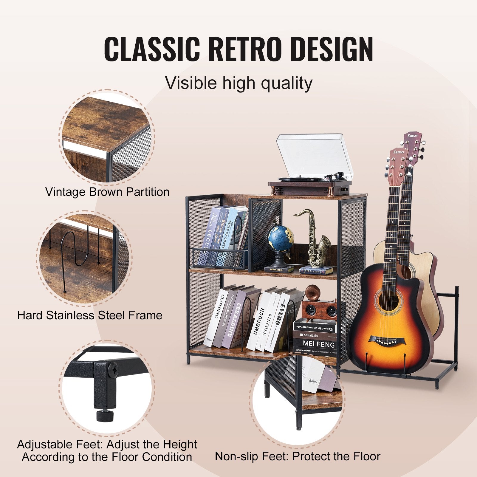 3-Tier Record Player Stand 113.3 cm Vinyl Storage with Guitar Holder
