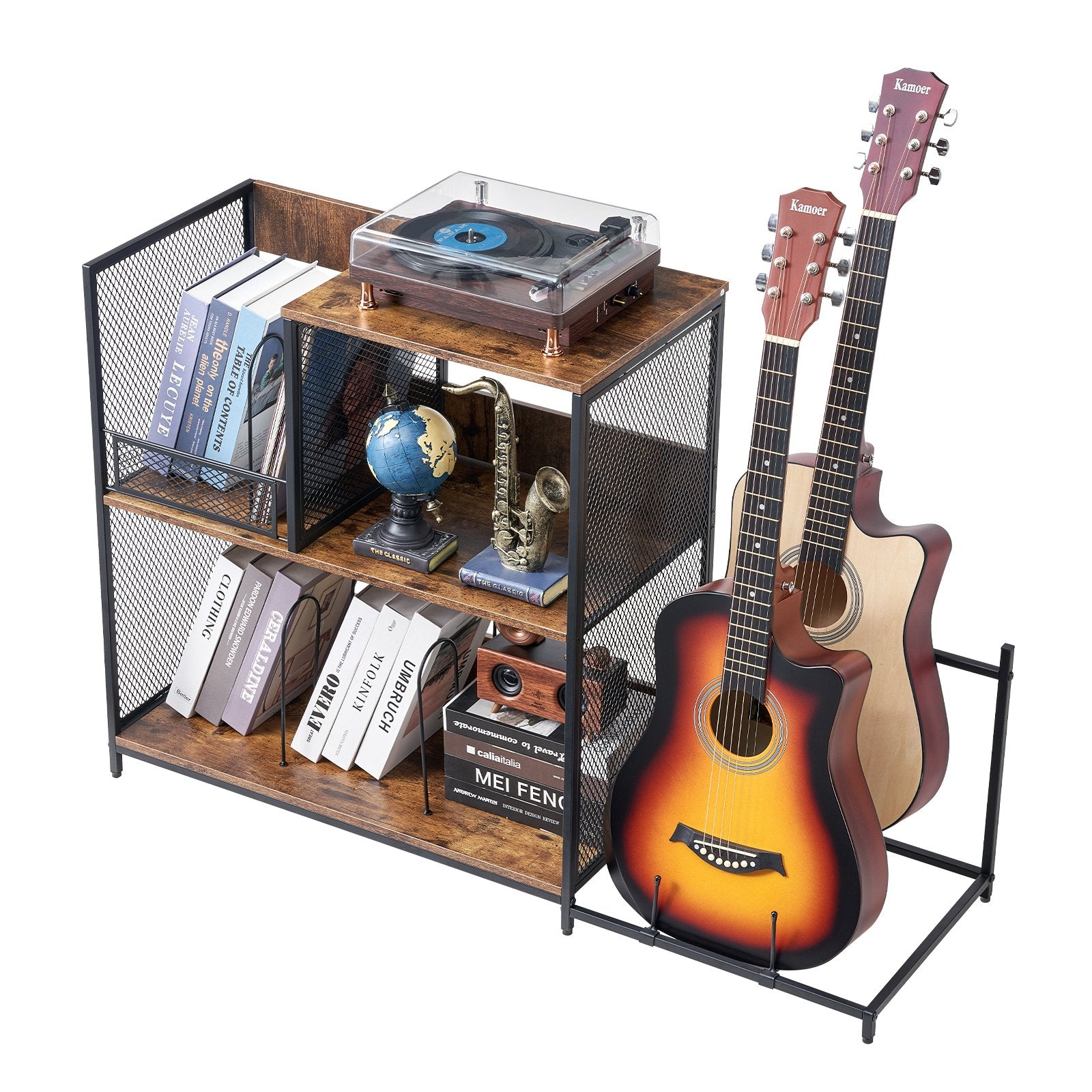 3-Tier Record Player Stand 113.3 cm Vinyl Storage with Guitar Holder