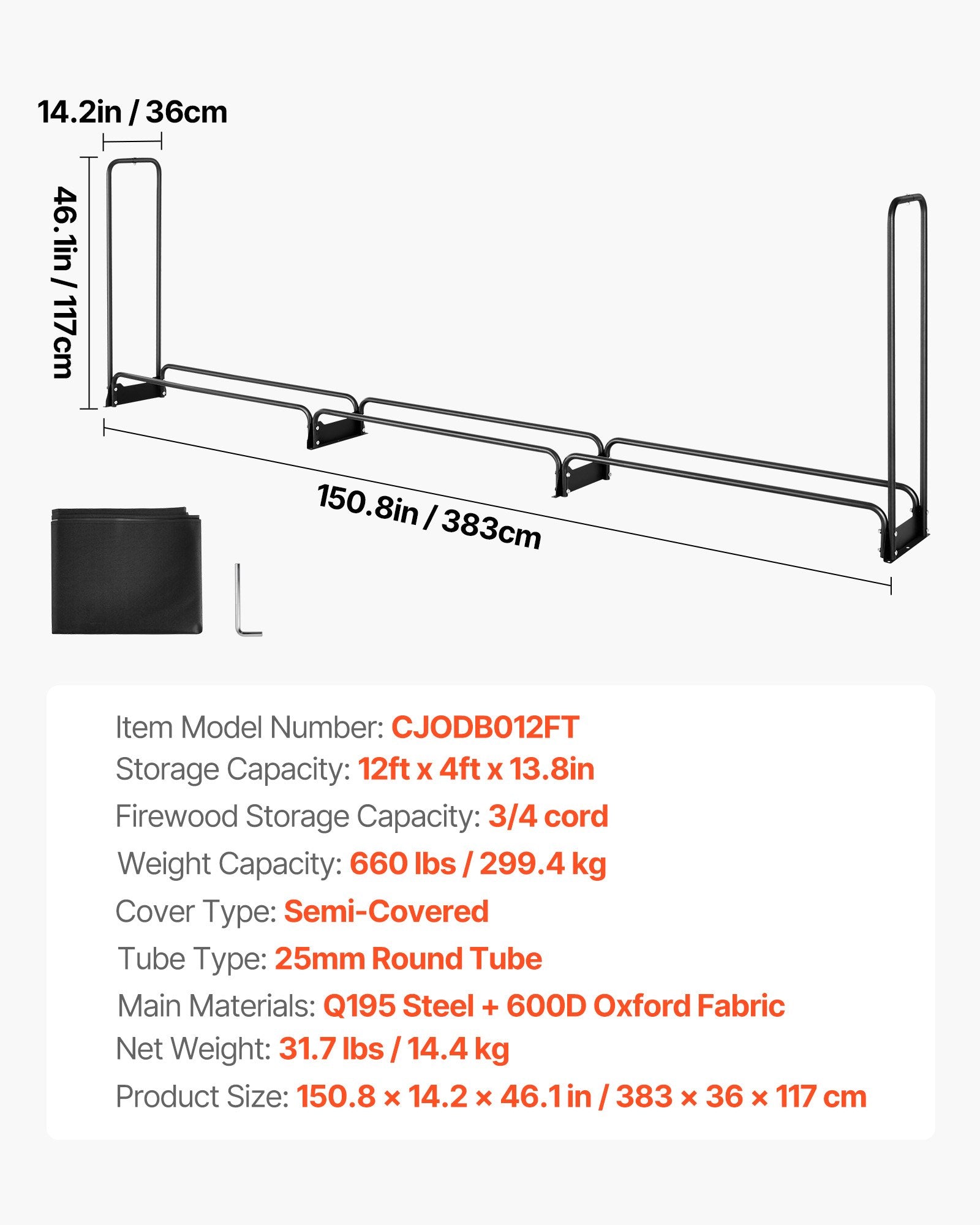 Firewood Rack with Cover 383x36x117cm Outdoor 660lb Half-Covered Powder-Coated