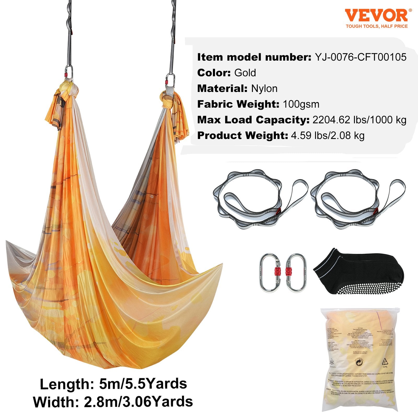 Aerial Yoga Hammock & Swing 5m Starter Kit Nylon Fabric Rigging Hardware Gold