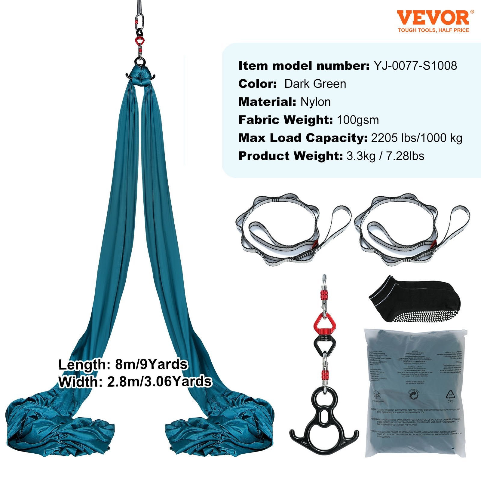 Aerial Silk & Yoga Swing 8m Nylon Hammock Kit with Full Rigging Green