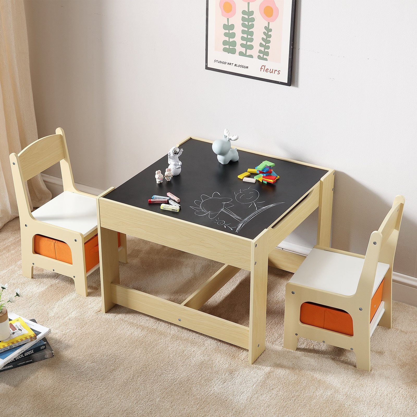 Kids Table and Chair Set Wooden Activity Table Storage Toddlers Art Craft