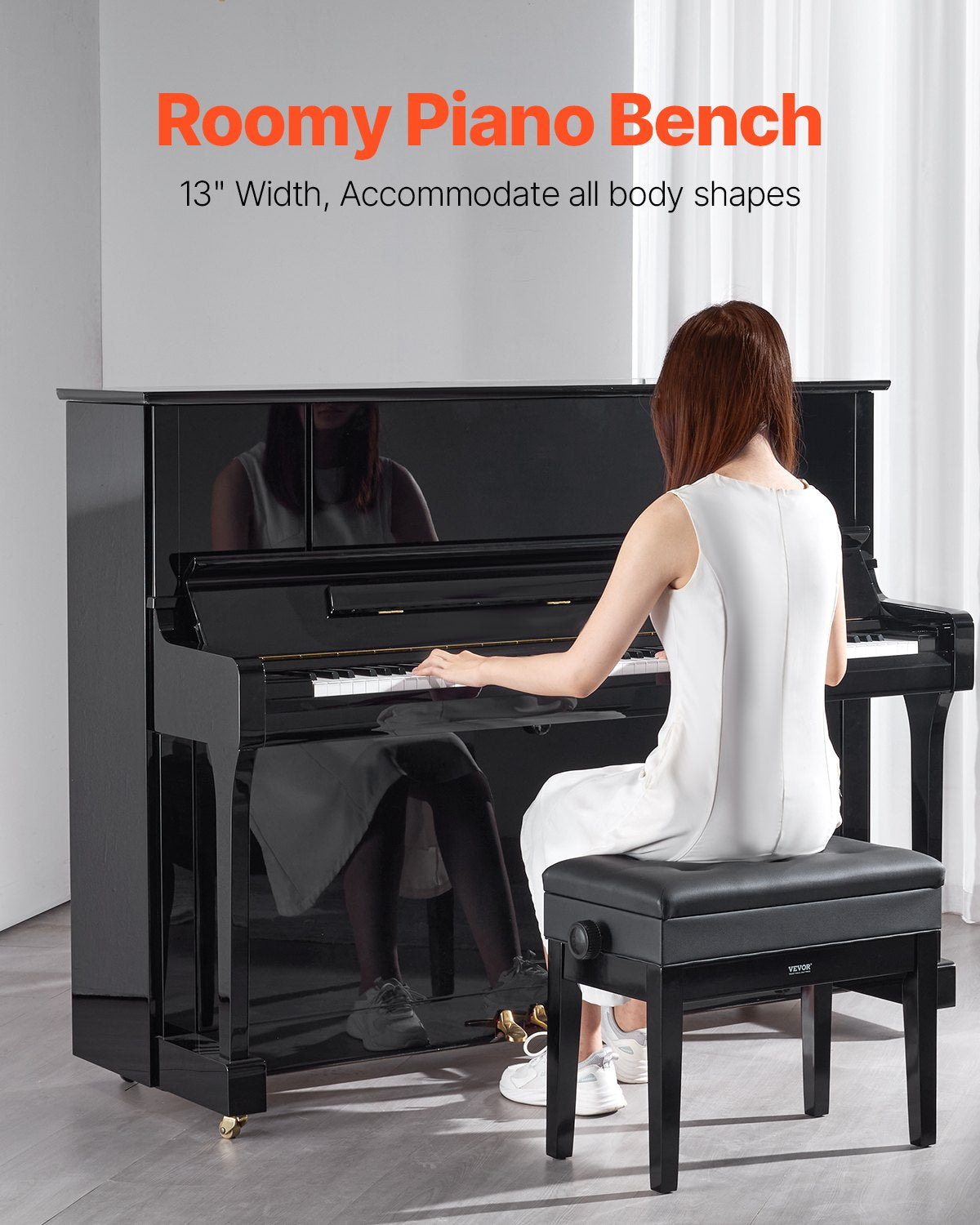 Wooden 19.3"-22.8" Adjustable Piano Bench with Storage and Padded Seat