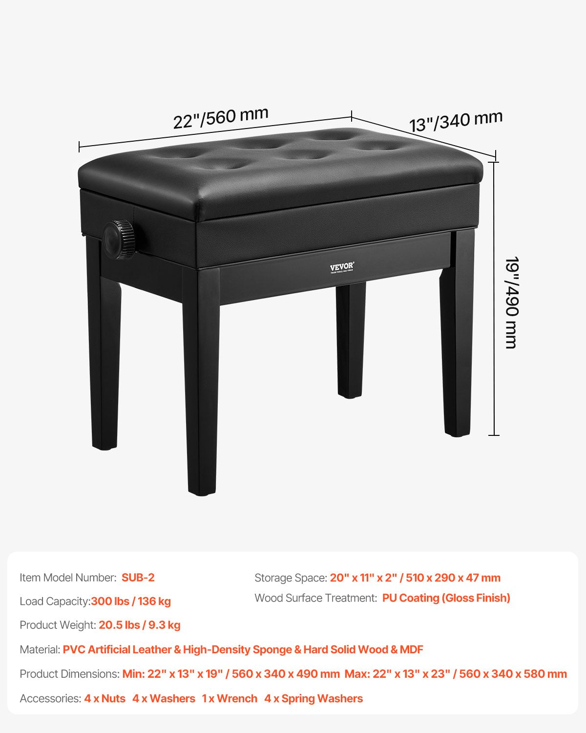 Wooden 19.3"-22.8" Adjustable Piano Bench with Storage and Padded Seat