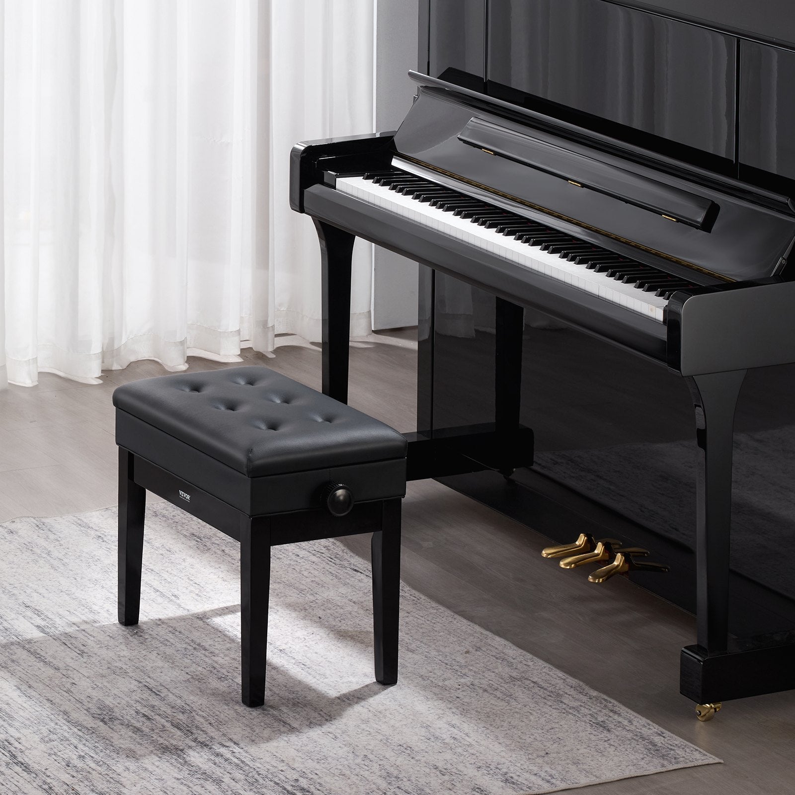 Wooden 19.3"-22.8" Adjustable Piano Bench with Storage and Padded Seat