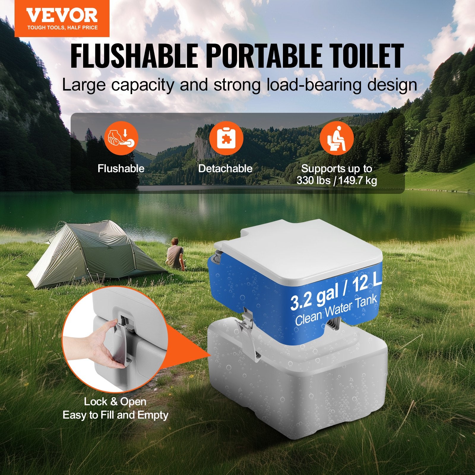 Portable Camping Toilet 5.3 Gal Waste 3.2 Gal Flush Push-Button Leak-Proof