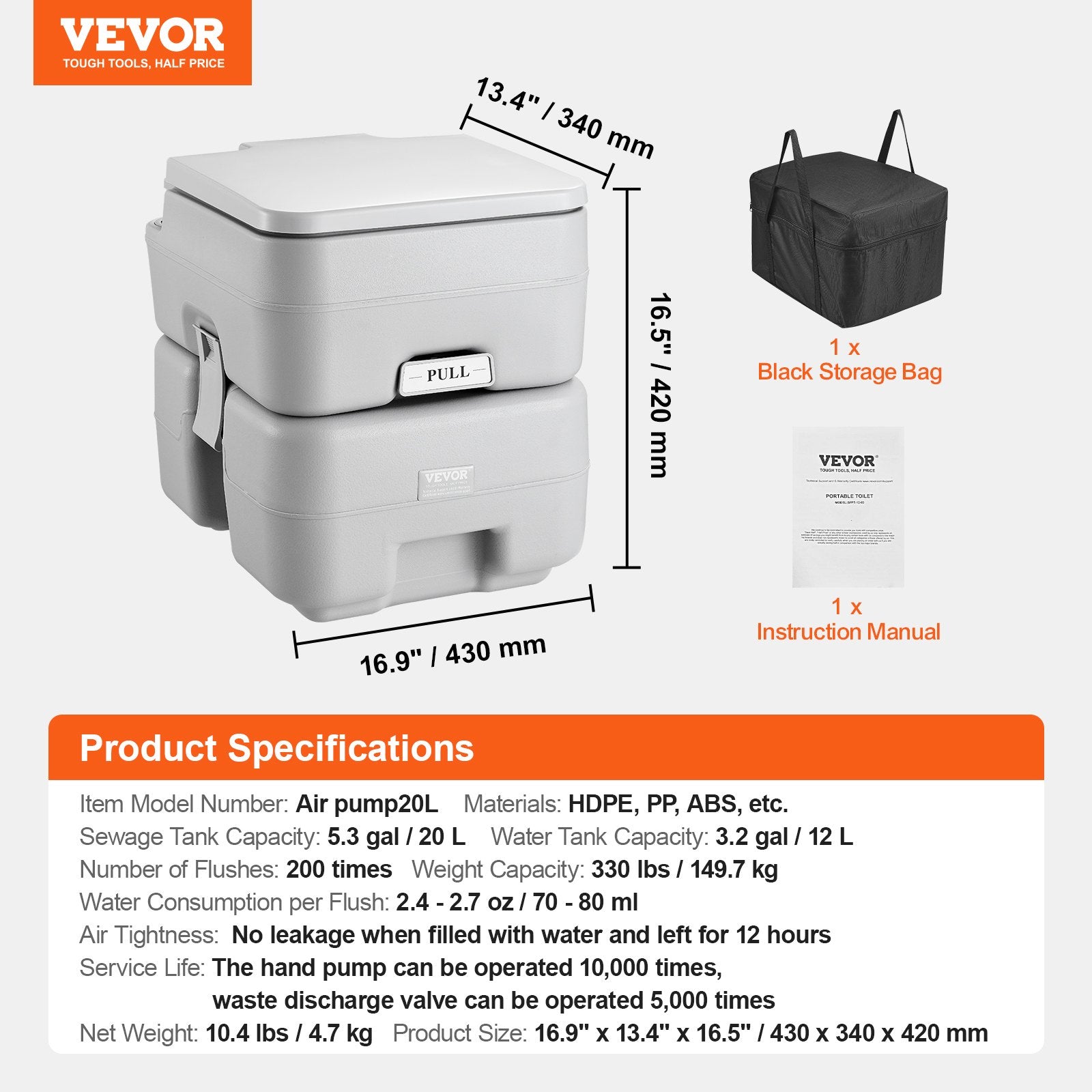 Portable Camping Toilet 5.3 Gal Waste 3.2 Gal Flush Push-Button Leak-Proof