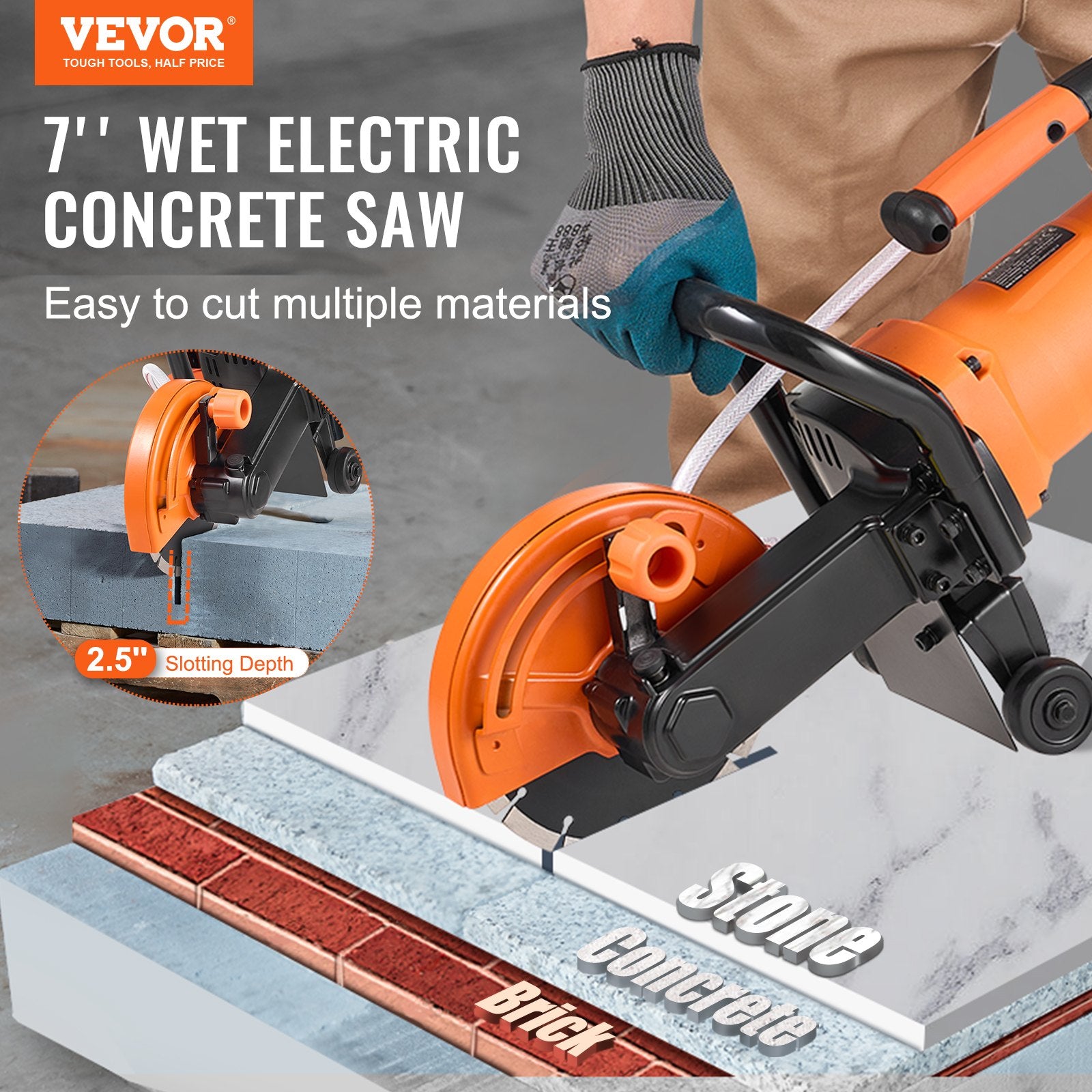 Electric Concrete Saw 7in 2000W Cutter 2.5in Depth Wet Dry Stone Brick