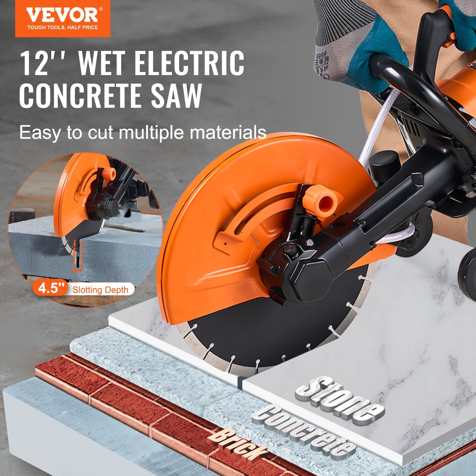 Electric Concrete Saw 12in 1800W Circular Cutter 4.5in Depth Wet Stone Brick