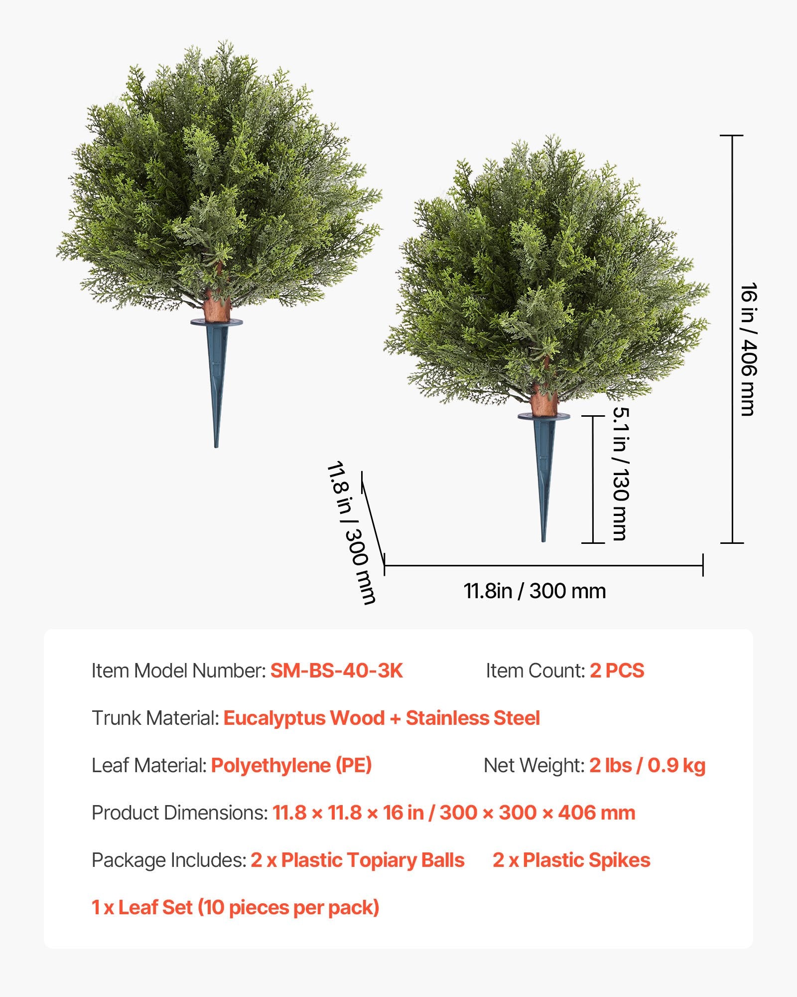 Artificial Topiary Cypress Trees 2-Pack 406mm Faux Shrubs with Ground Spike