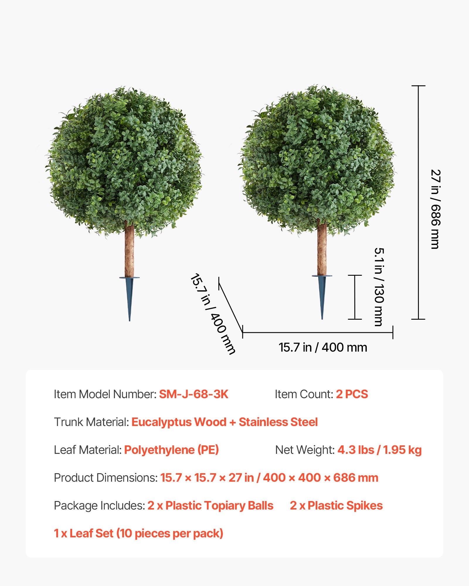 Artificial Topiary Boxwood Trees 2-Pack 686mm Faux Shrubs with Ground Spike