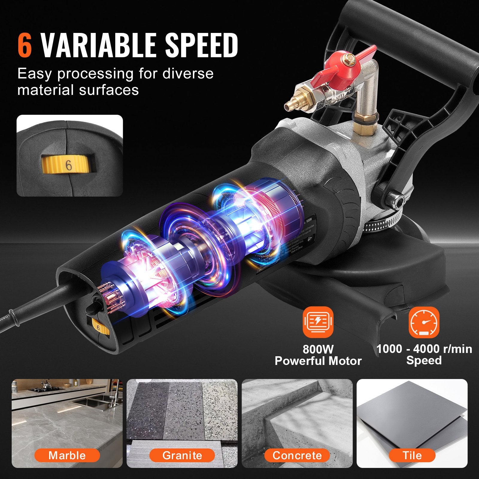 Wet Polisher 800W 4" Concrete Grinder 6-Speed with 7 Polishing Kits GFCI