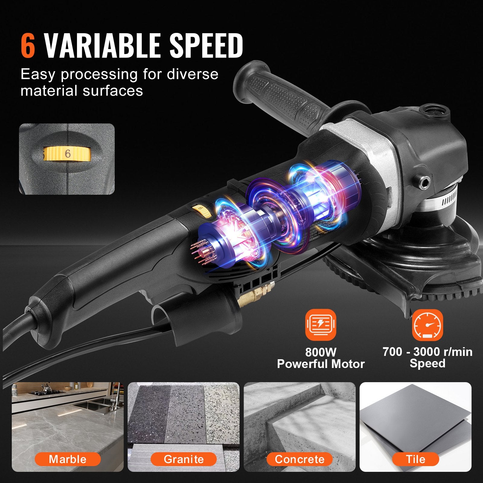 Wet Polisher 800W 4" Concrete Grinder 6-Speed 7 Polishing Kits GFCI Switch