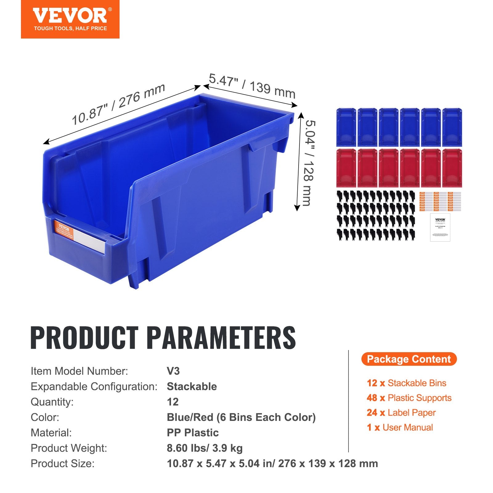 Plastic Storage Bin 276x139x128mm Hanging Stackable Organizer 12-Pack Blue/Red