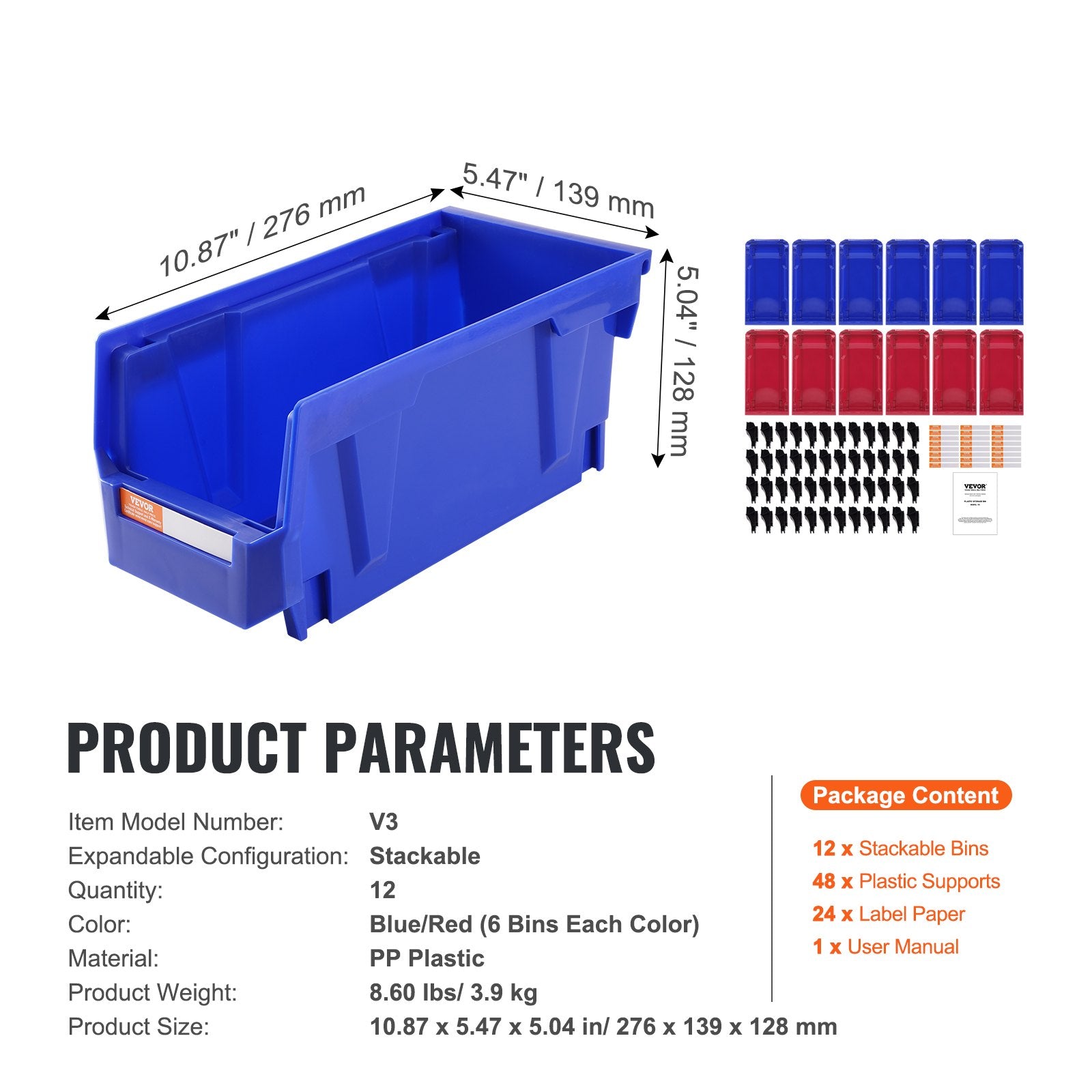 Plastic Storage Bin 276x139x128mm Hanging Stackable Organizer 12-Pack Blue/Red