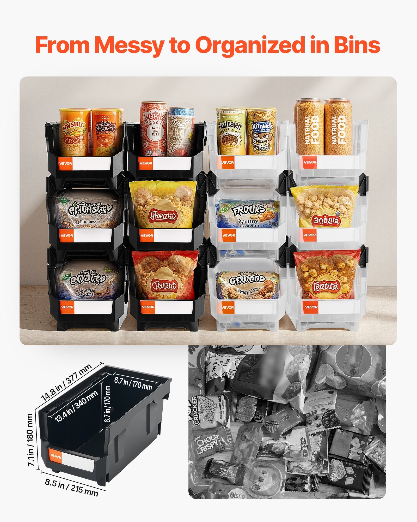 Plastic Stackable Storage Bins 37.7x21.5x18cm 12-Pack Black & Transparent