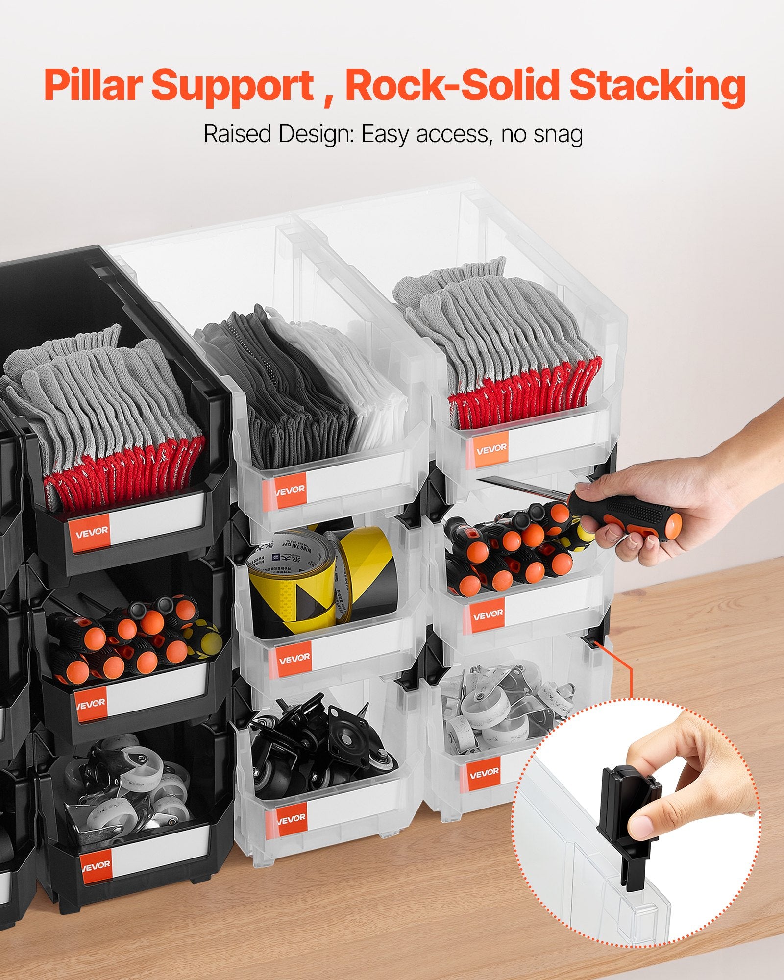 Plastic Stackable Storage Bins 37.7x21.5x18cm 12-Pack Black & Transparent