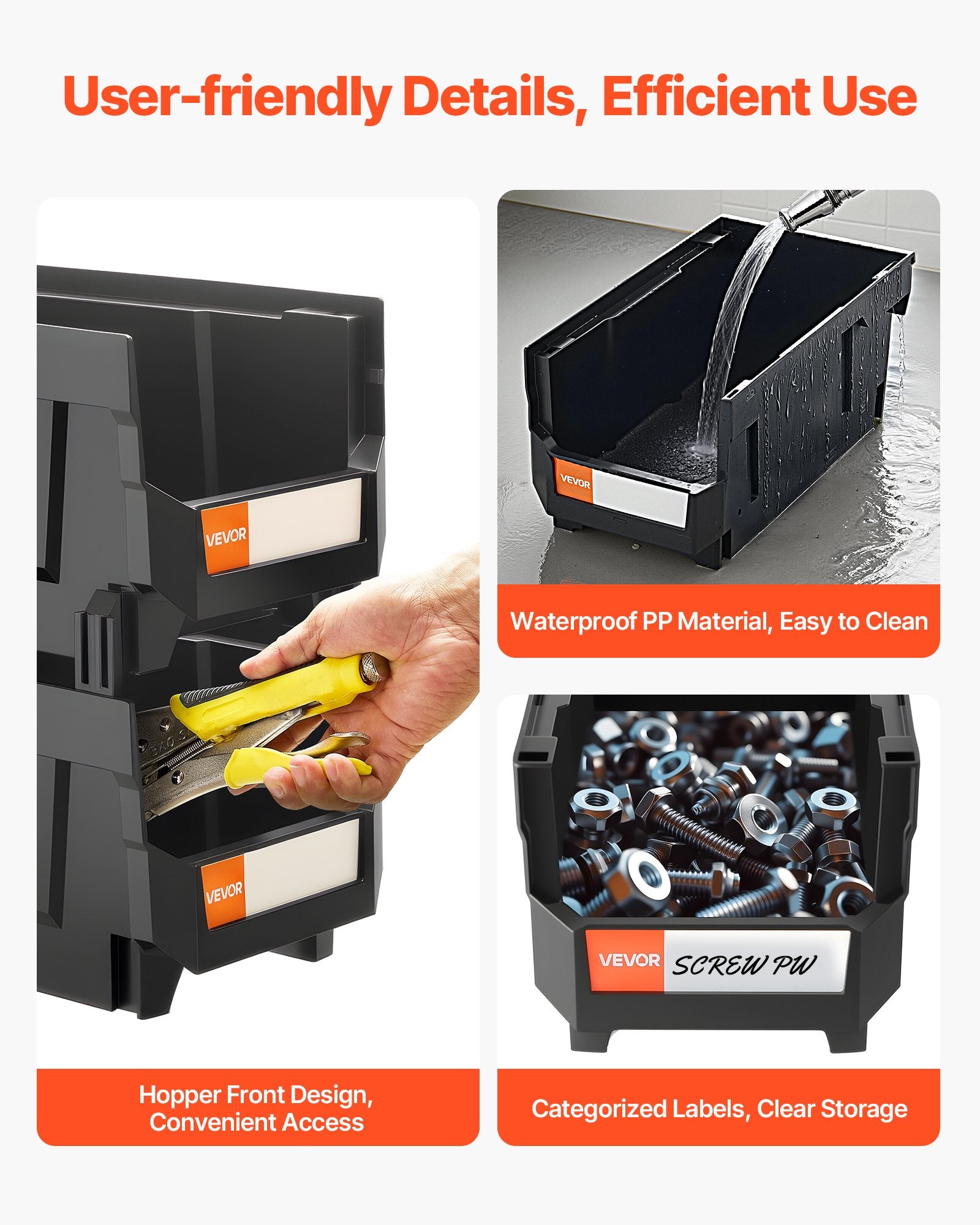 Plastic Stackable Storage Bins 37.7x21.5x18cm 12-Pack Black & Transparent
