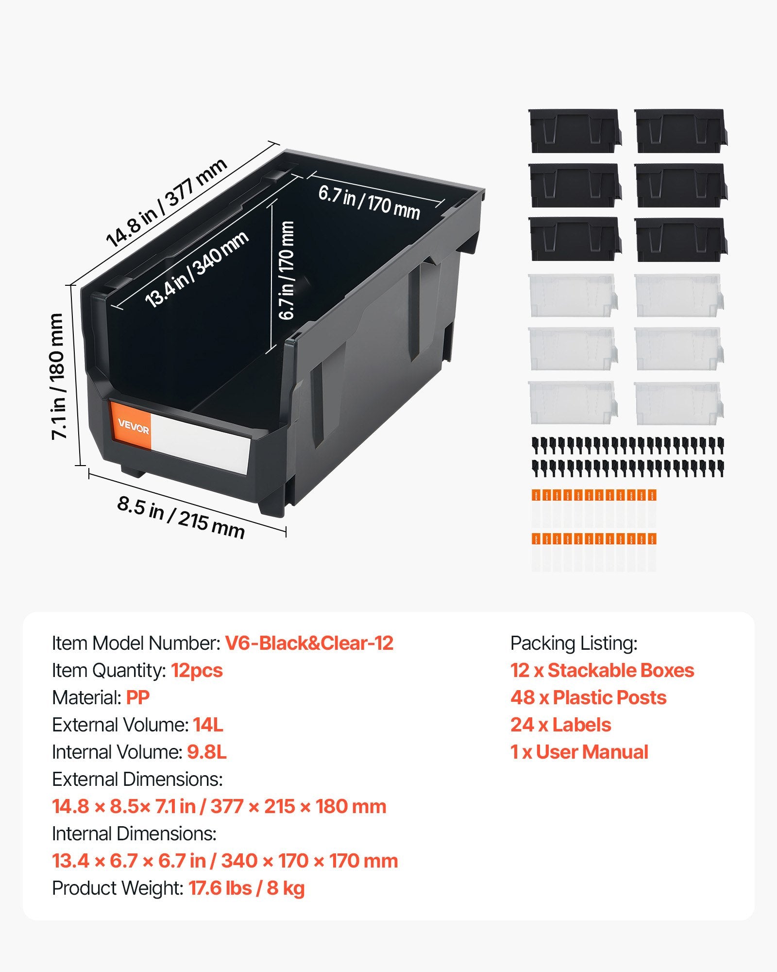Plastic Stackable Storage Bins 37.7x21.5x18cm 12-Pack Black & Transparent