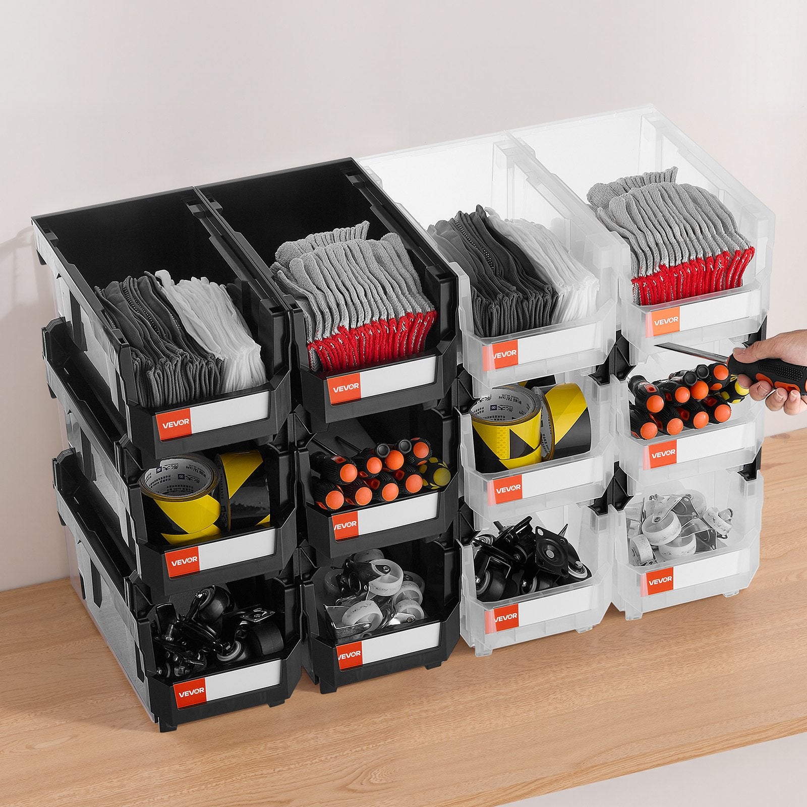 Plastic Stackable Storage Bins 37.7x21.5x18cm 12-Pack Black & Transparent