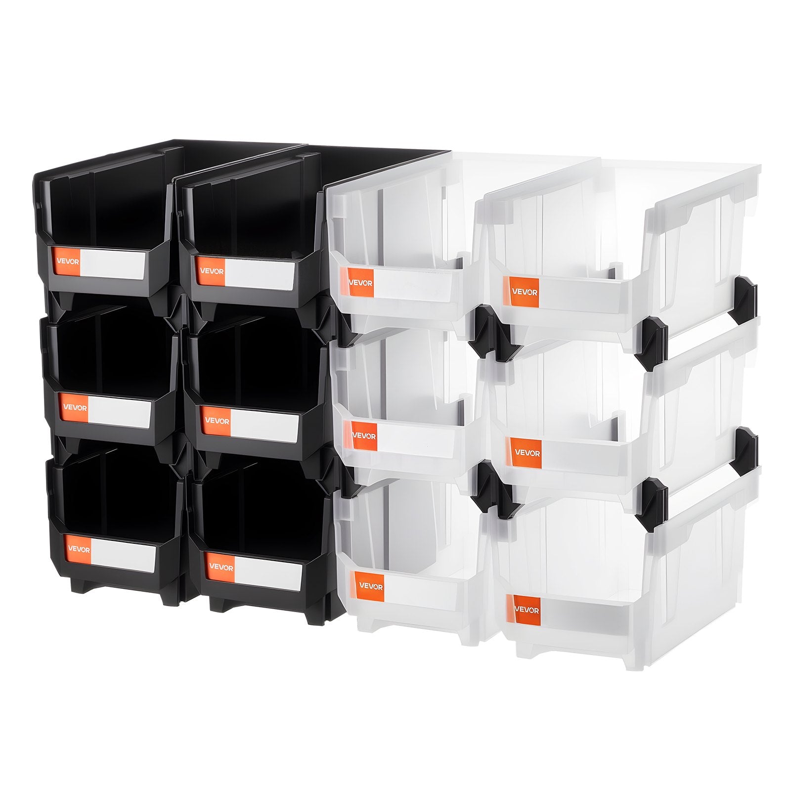 Plastic Stackable Storage Bins 37.7x21.5x18cm 12-Pack Black & Transparent