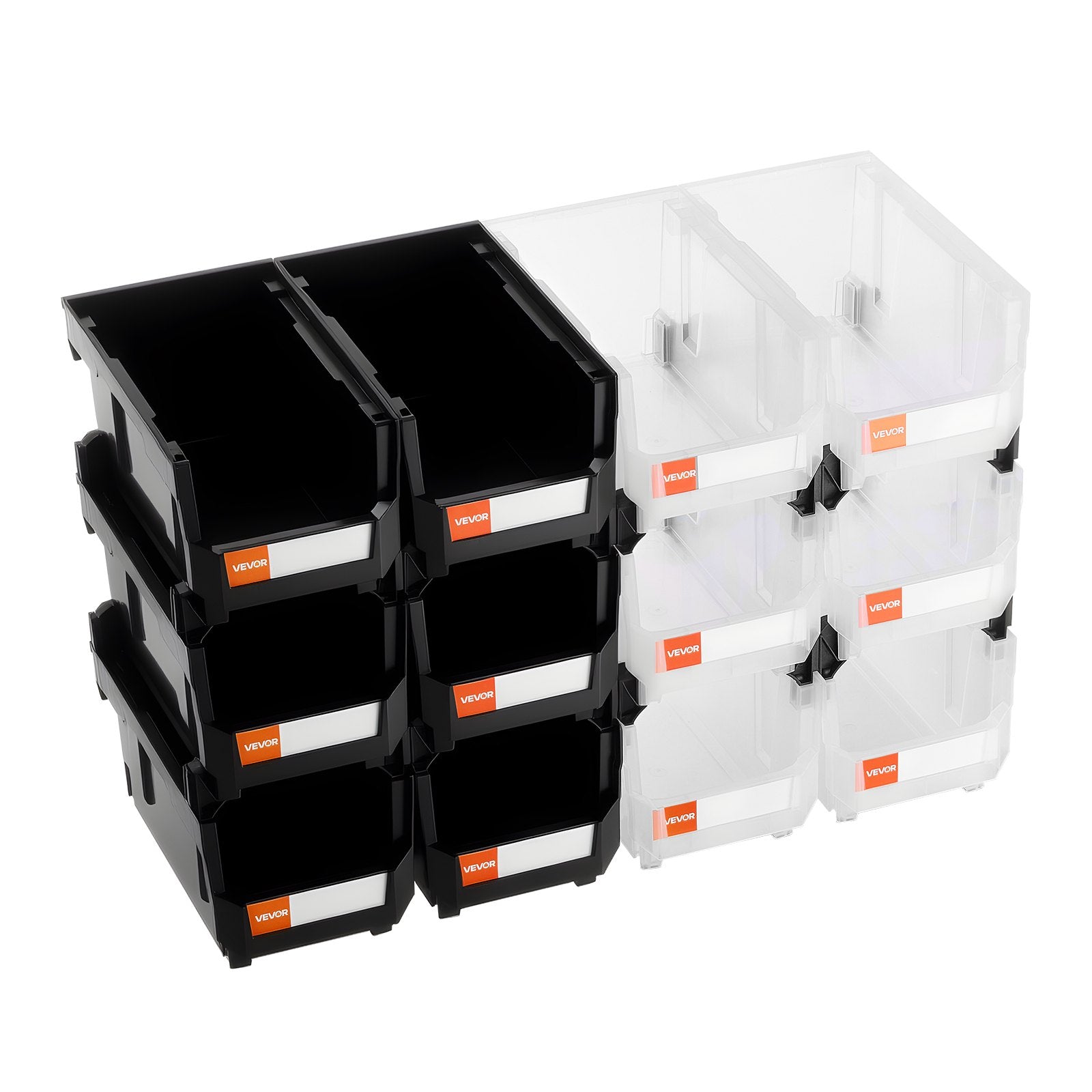 Plastic Stackable Storage Bins 37.7x21.5x18cm 12-Pack Black & Transparent