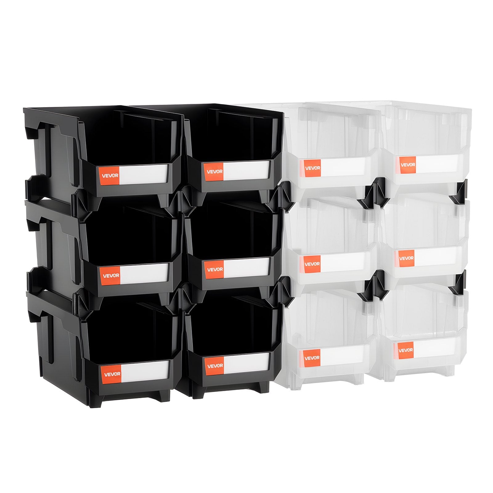 Plastic Stackable Storage Bins 37.7x21.5x18cm 12-Pack Black & Transparent