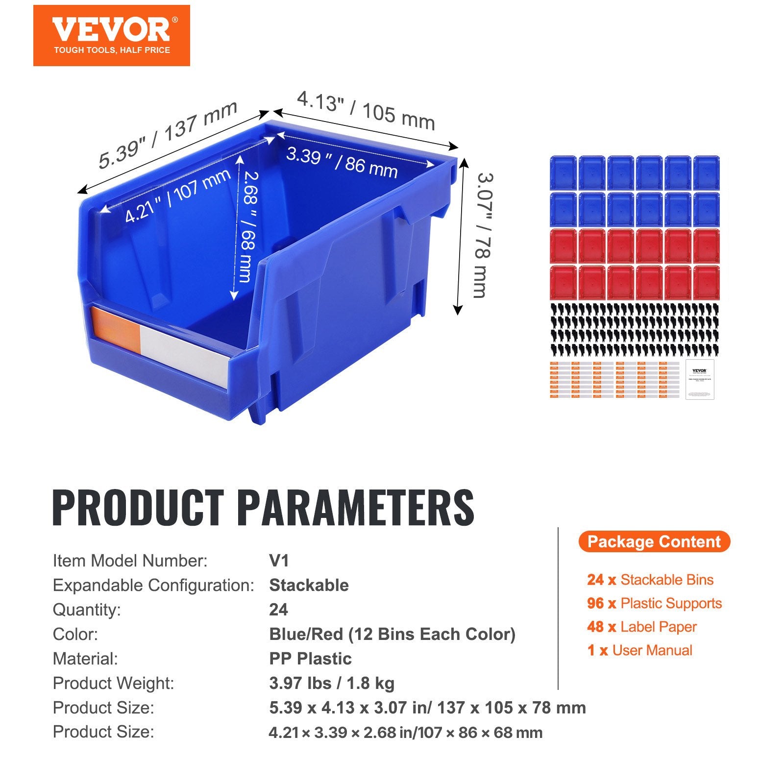Plastic Storage Bin 137x105x78mm Hanging Stackable Organizer 24-Pack Blue/Red