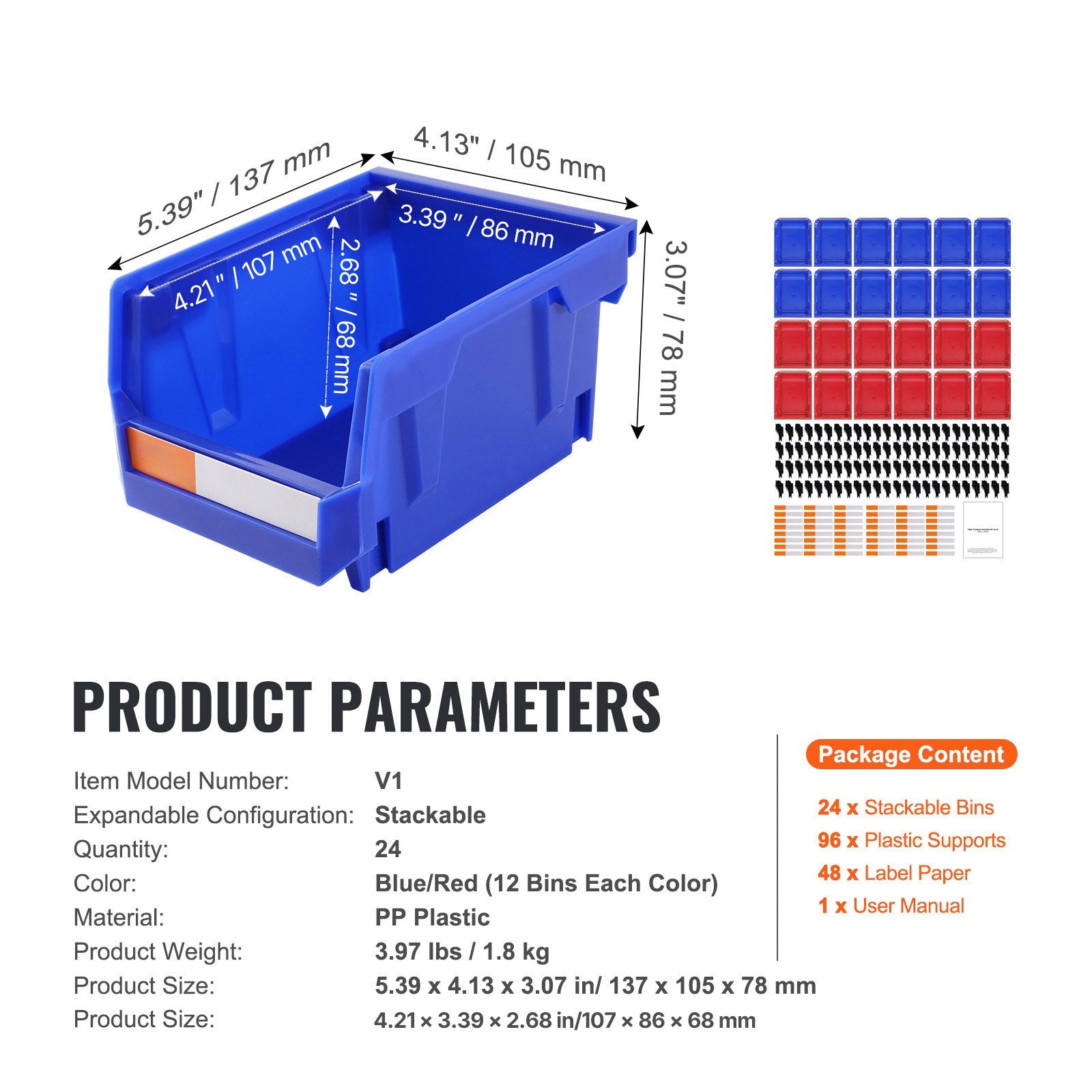 Plastic Storage Bin 137x105x78mm Hanging Stackable Organizer 24-Pack Blue/Red