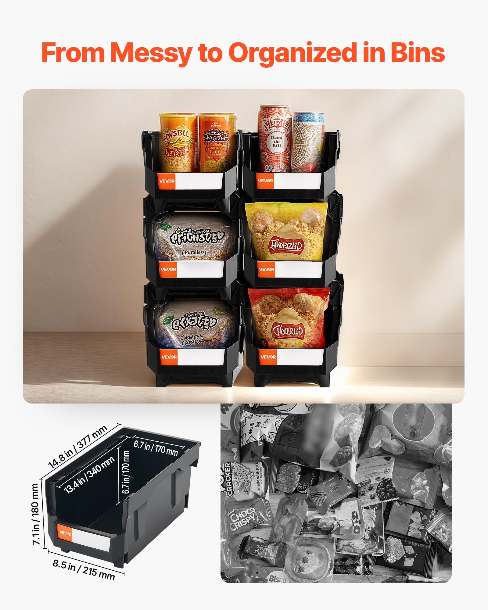 Plastic Stackable Storage Bins 6 Pack Black 37.7x21.5x18cm Containers