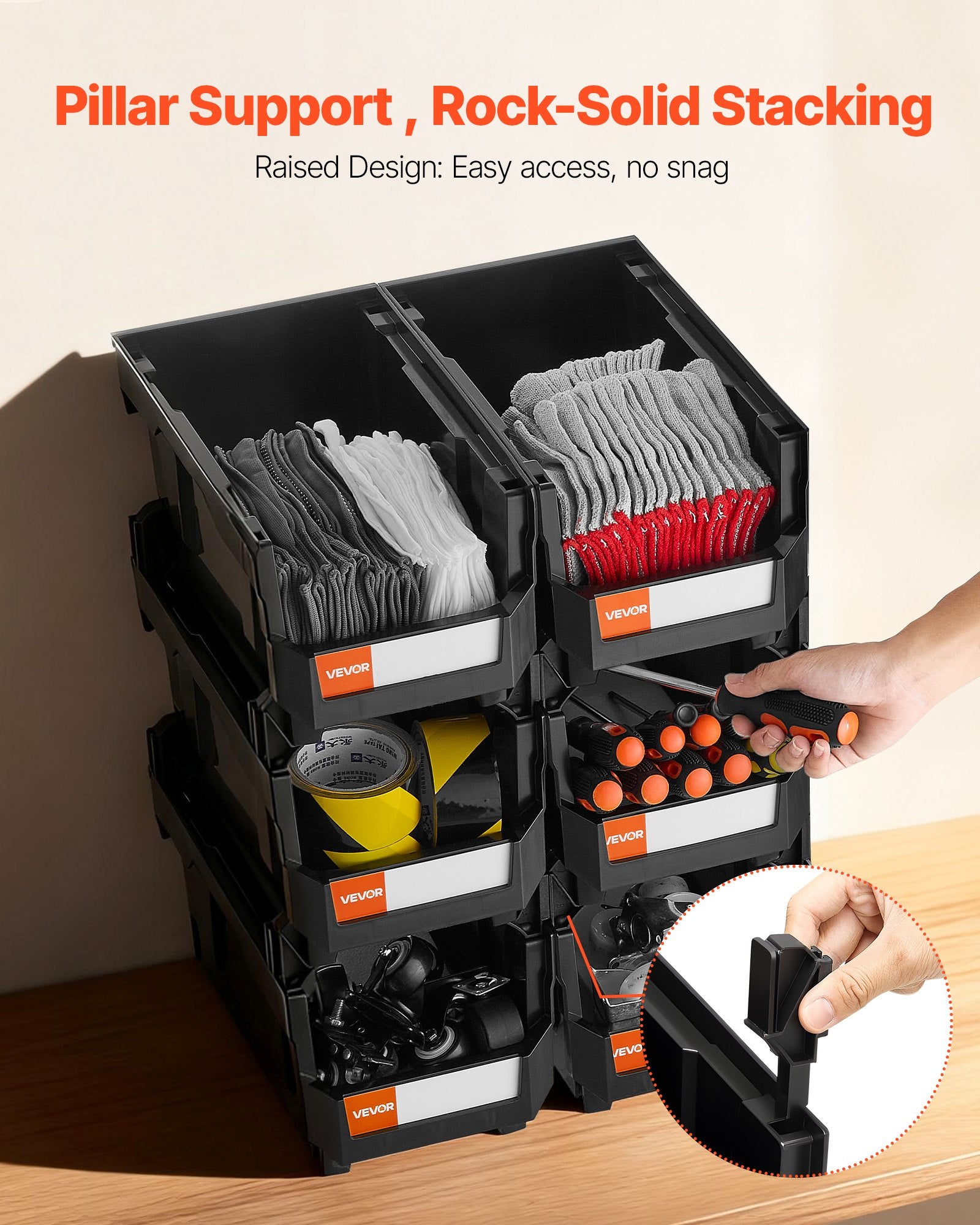 Plastic Stackable Storage Bins 6 Pack Black 37.7x21.5x18cm Containers