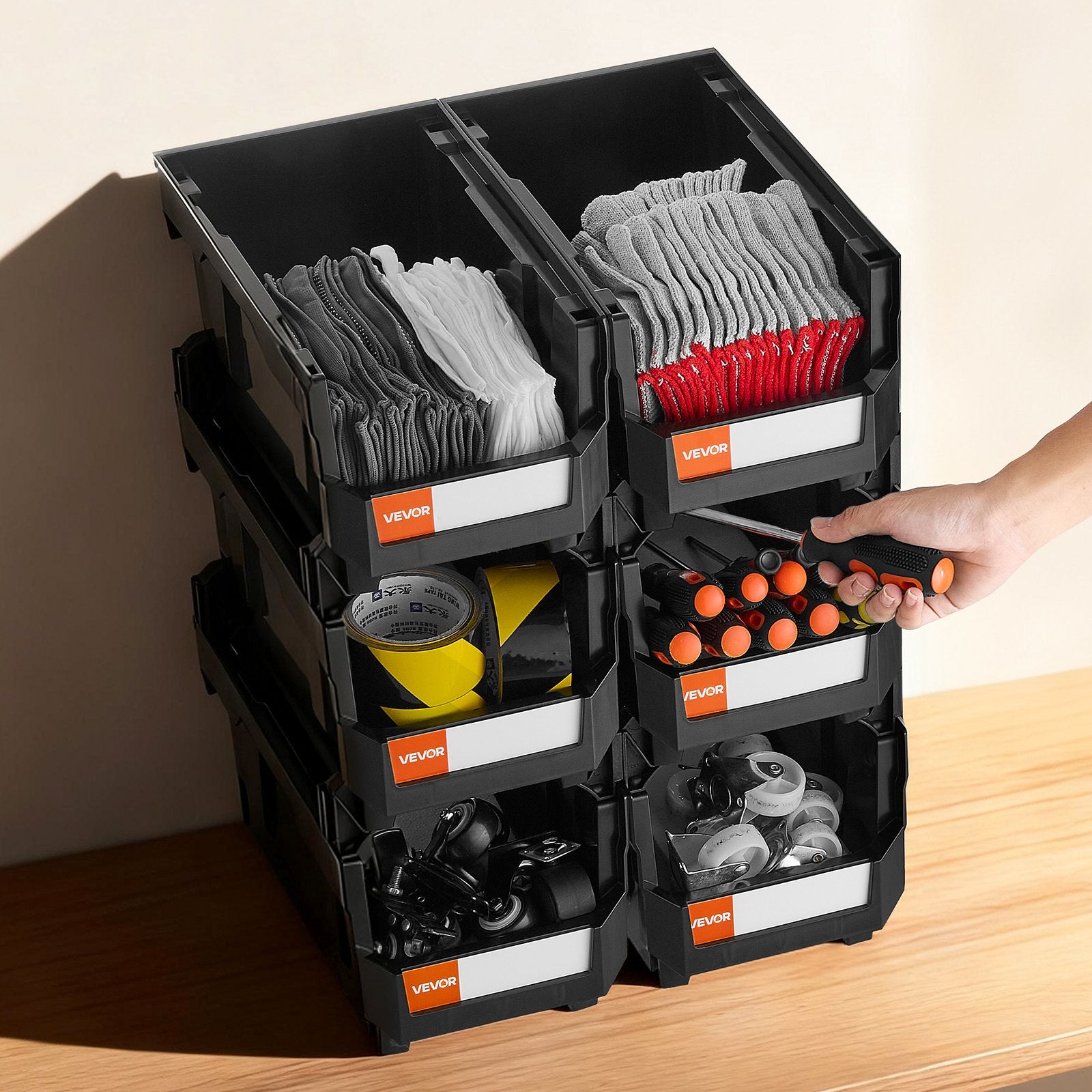 Plastic Stackable Storage Bins 6 Pack Black 37.7x21.5x18cm Containers