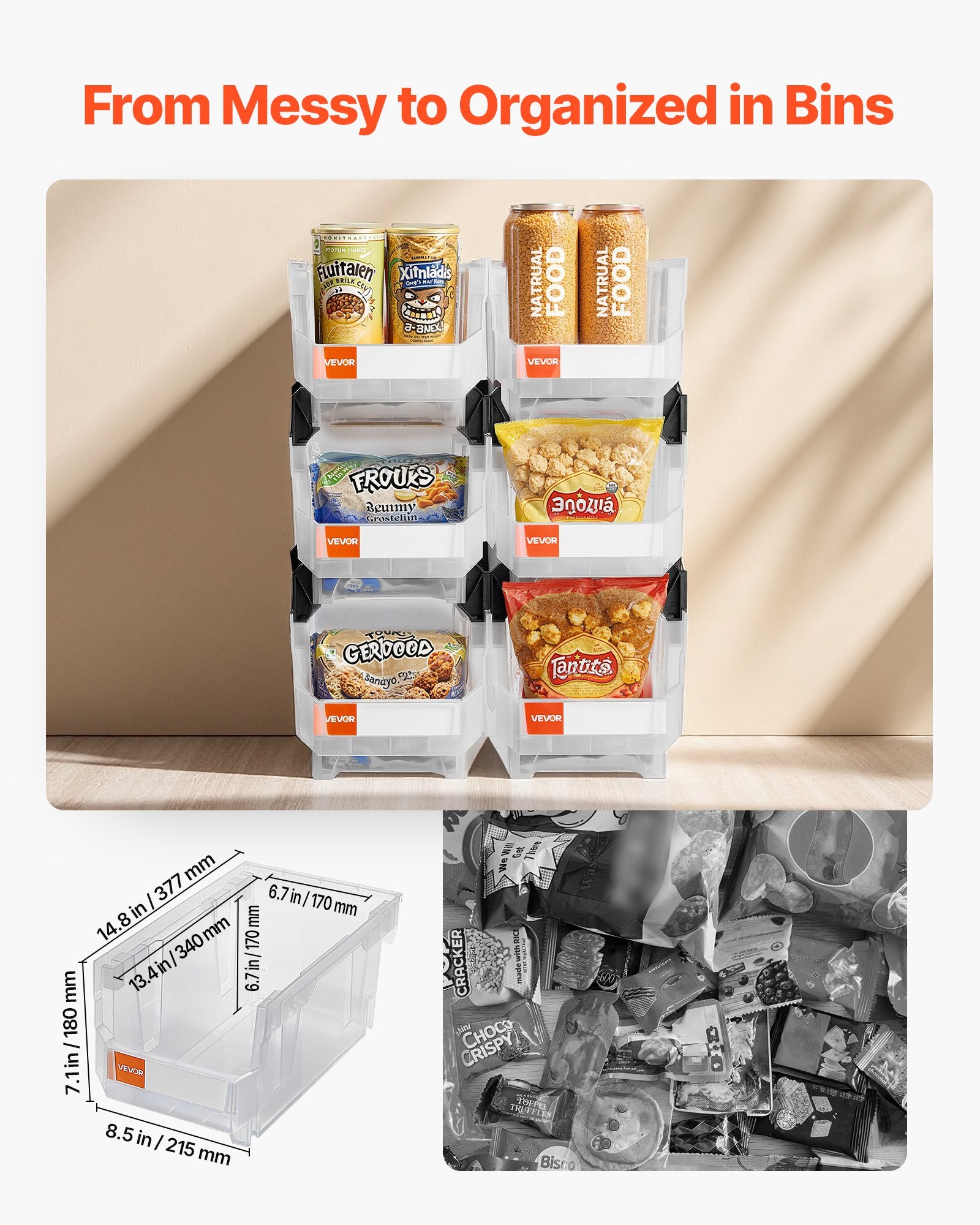 Plastic Stackable Storage Bins, 6 Pack Transparent Containers 37.7x21.5x18 cm