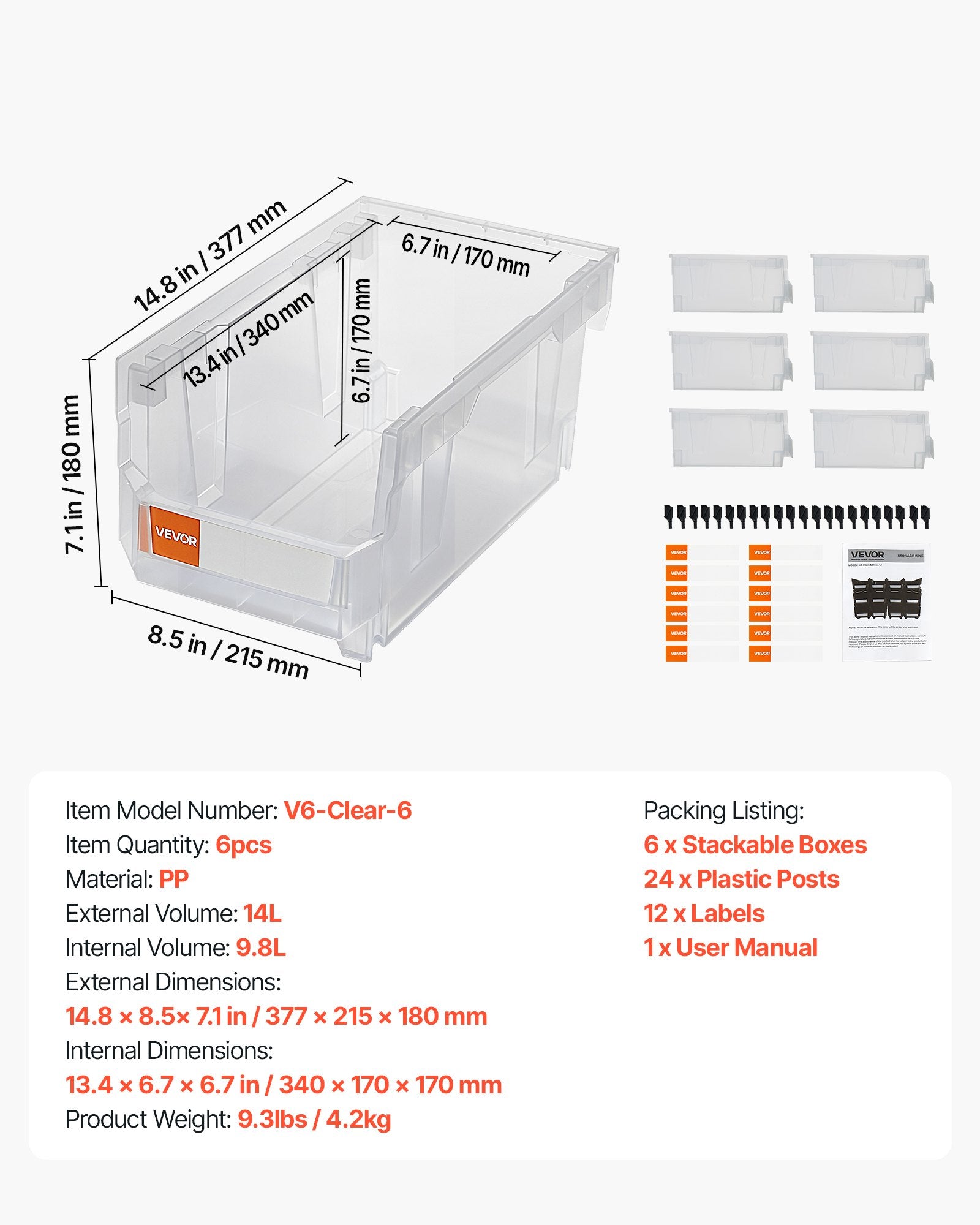 Plastic Stackable Storage Bins, 6 Pack Transparent Containers 37.7x21.5x18 cm