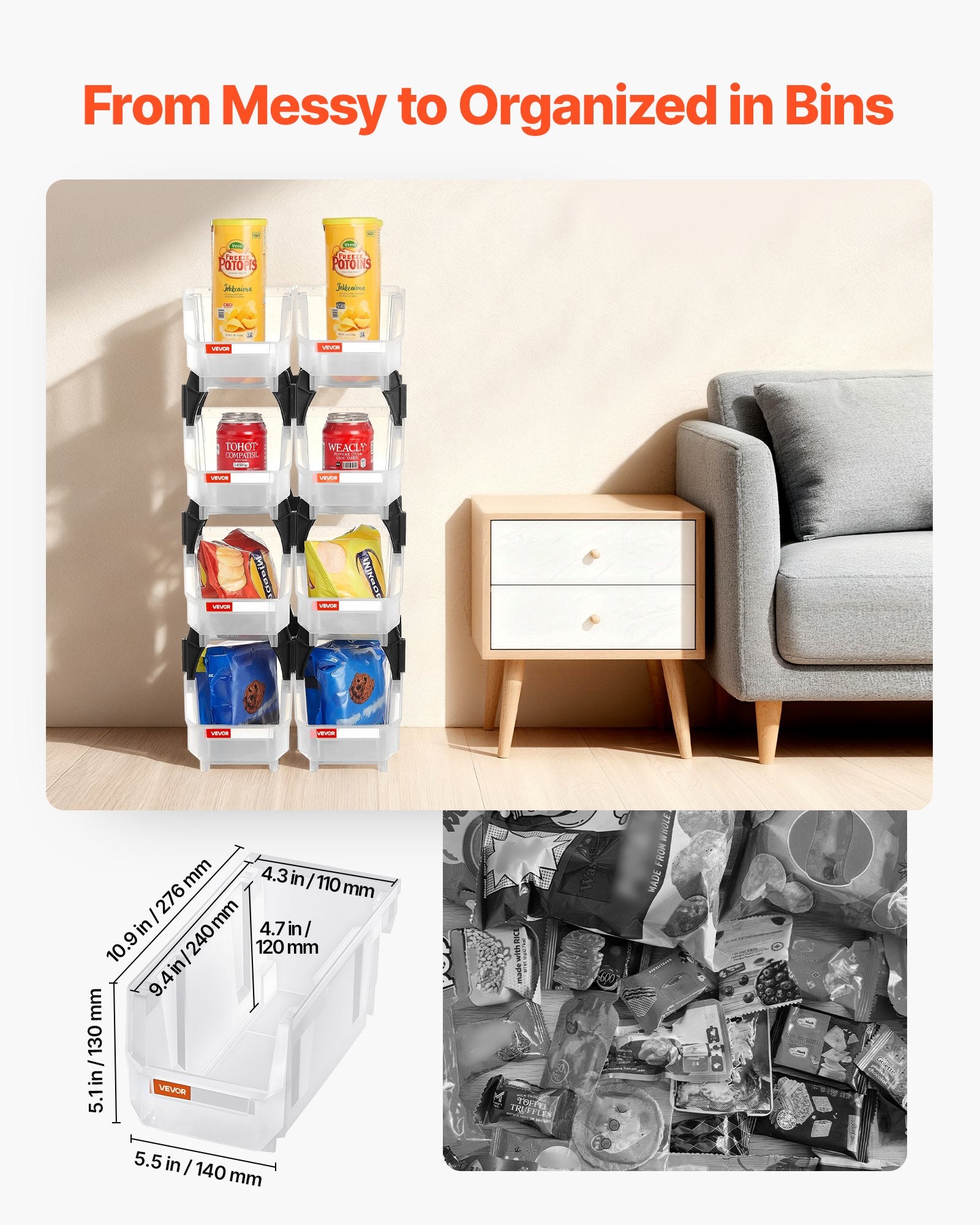 Plastic Stackable Storage Bins, 8 Pack 27.6x14x13 cm, Transparent Containers