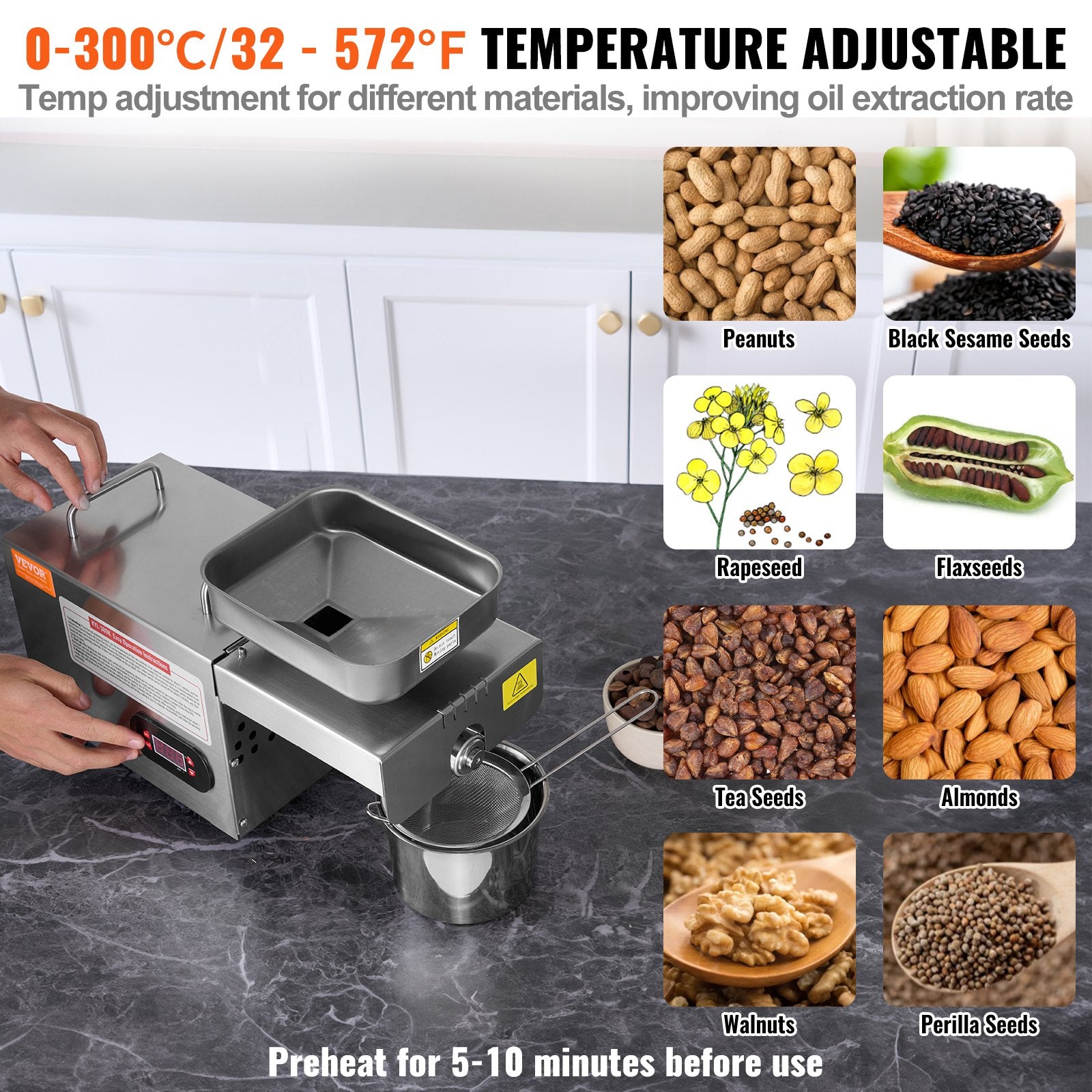 Oil Press Machine Electric 850W Stainless Steel Hot Expeller 0-300C