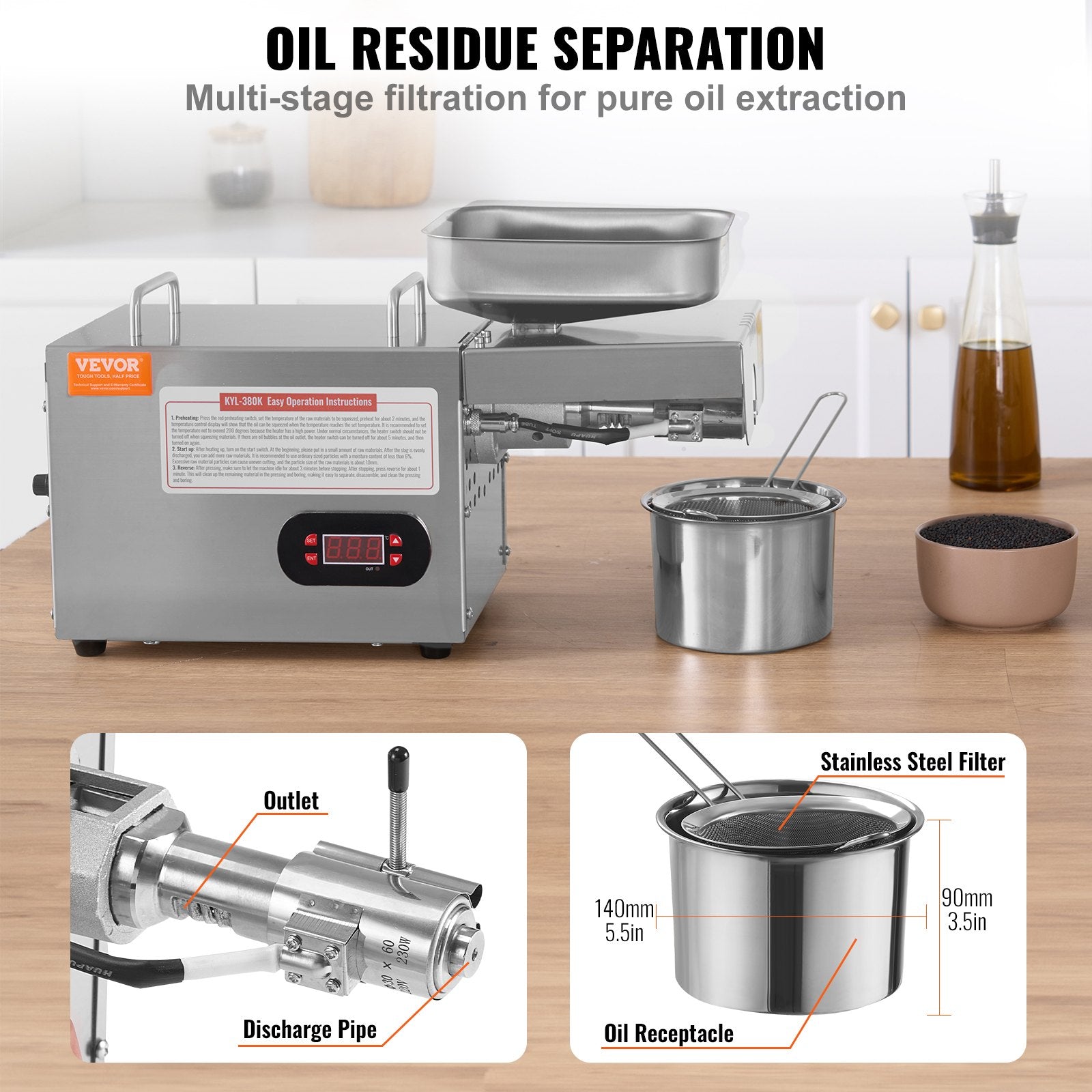 Oil Press Machine Electric 850W Stainless Steel Hot Expeller 0-300C