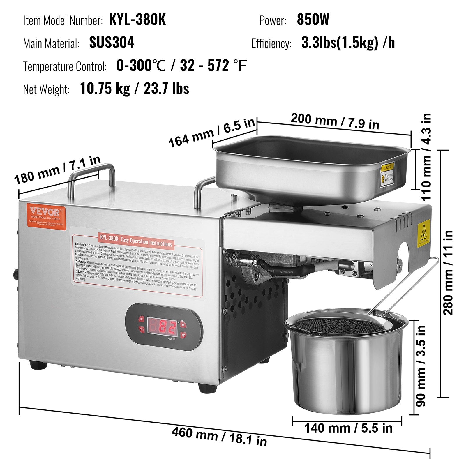 Oil Press Machine Electric 850W Stainless Steel Hot Expeller 0-300C