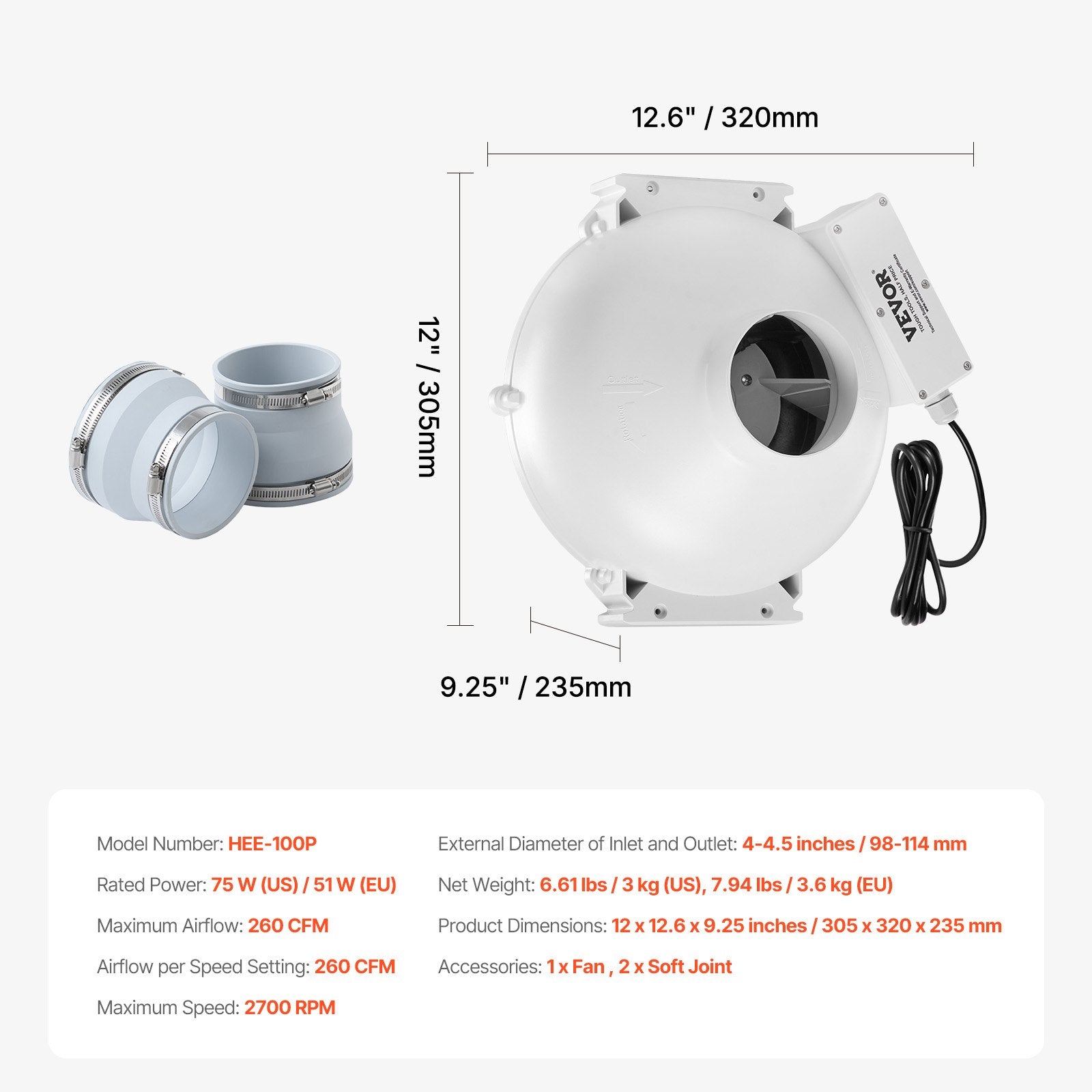 Radon Mitigation Fan System 4-4.5 Inch Quiet 260 CFM Indoor Outdoor Vent