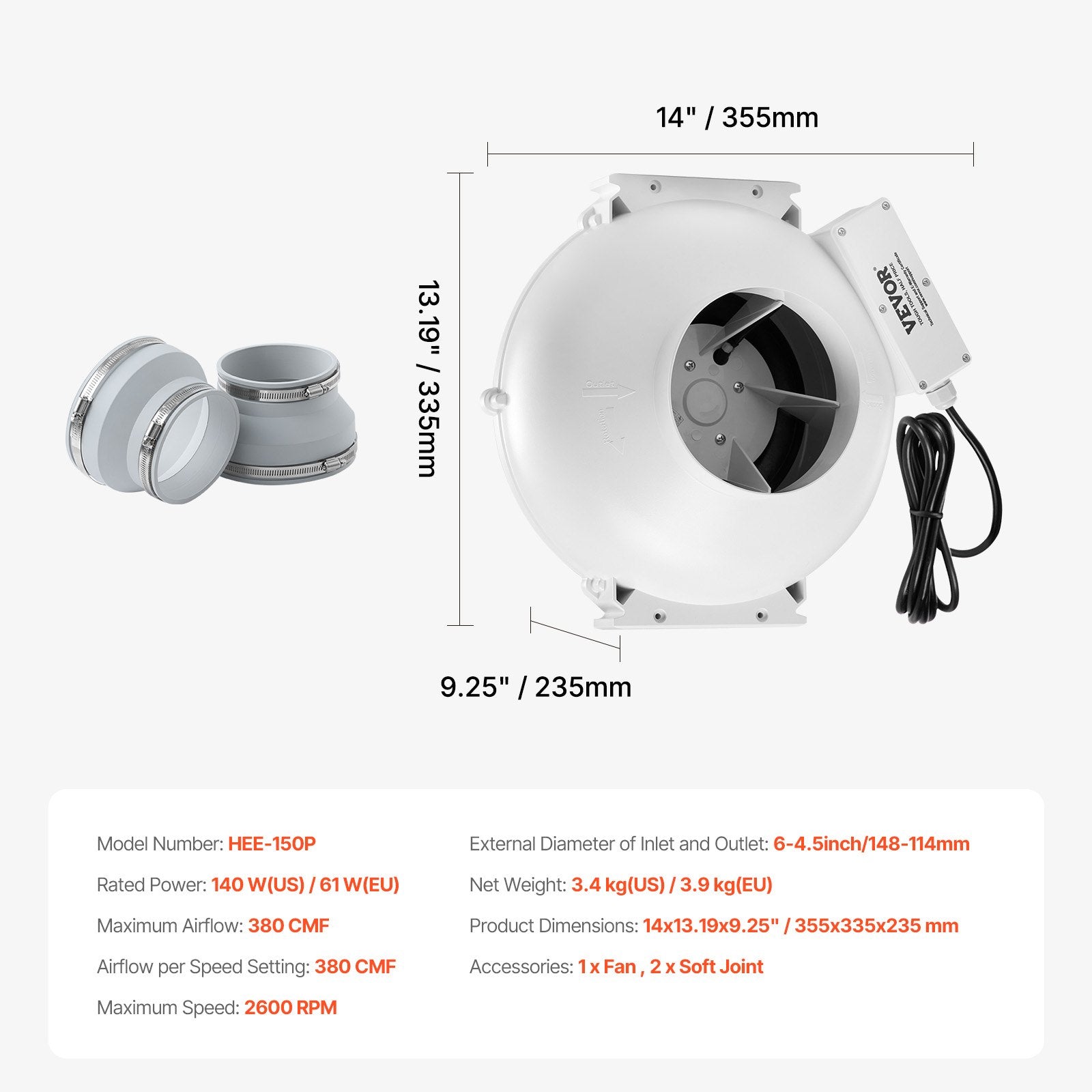Radon Mitigation Fan System 4-4.5 Inch Quiet 380 CFM Indoor Outdoor Vent