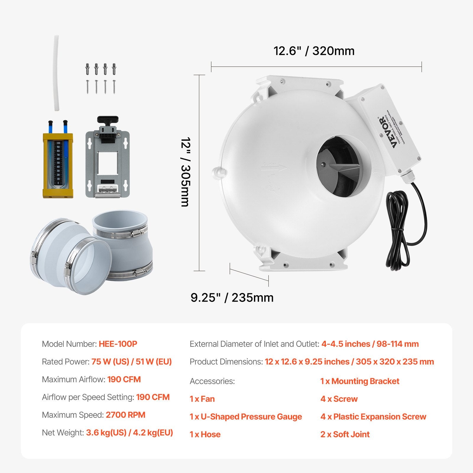 Radon Fan Installation Kit 4-4.5in Quiet 190CFM Mitigation System Indoor Outdoor