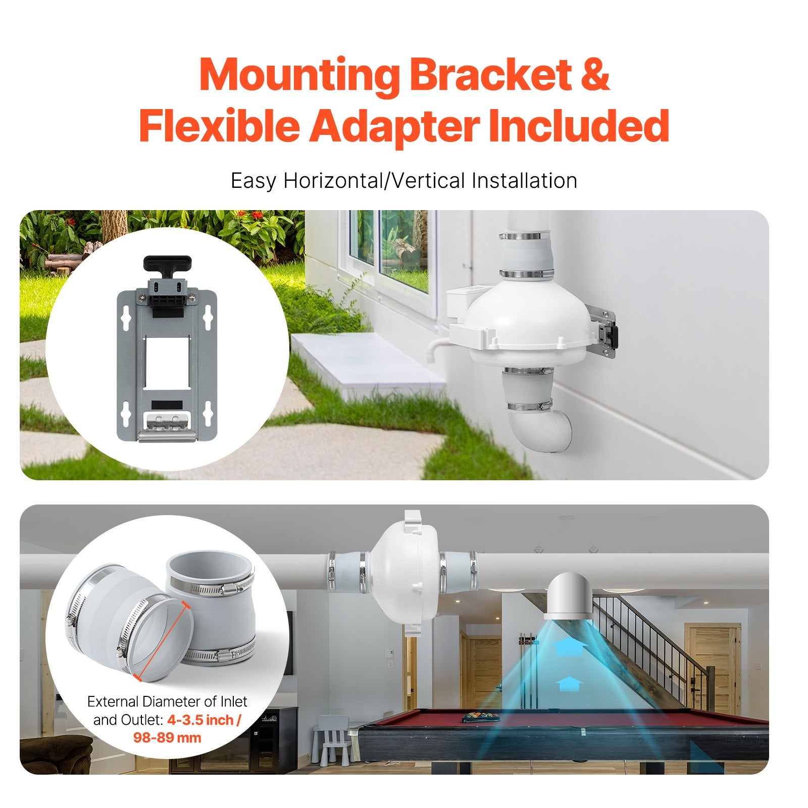 Radon Fan Installation Kit 3.5-4in Quiet 260CFM Mitigation System Indoor Outdoor