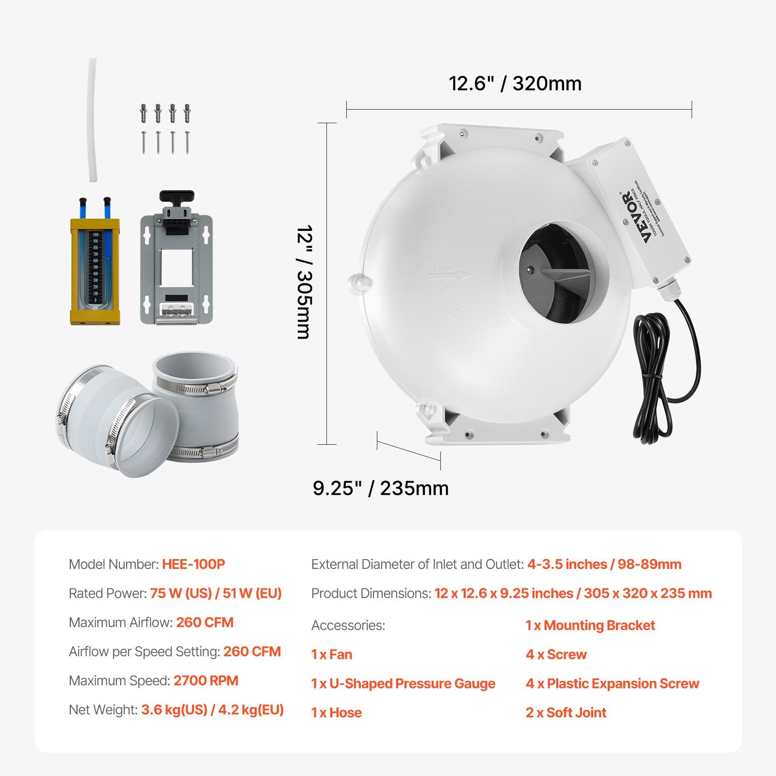 Radon Fan Installation Kit 3.5-4in Quiet 260CFM Mitigation System Indoor Outdoor