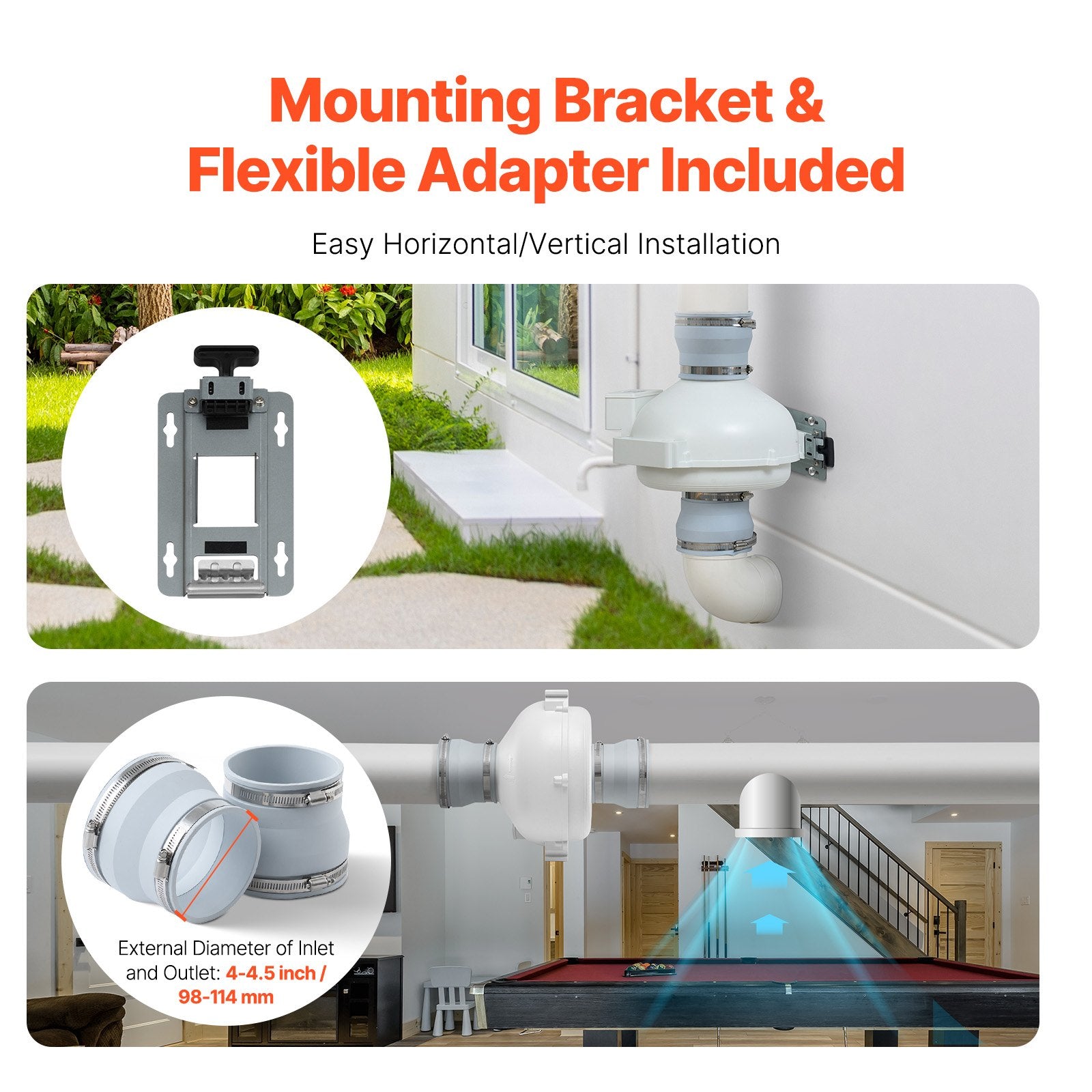 Radon Fan Installation Kit 4-4.5in Quiet 260CFM Mitigation System Indoor Outdoor