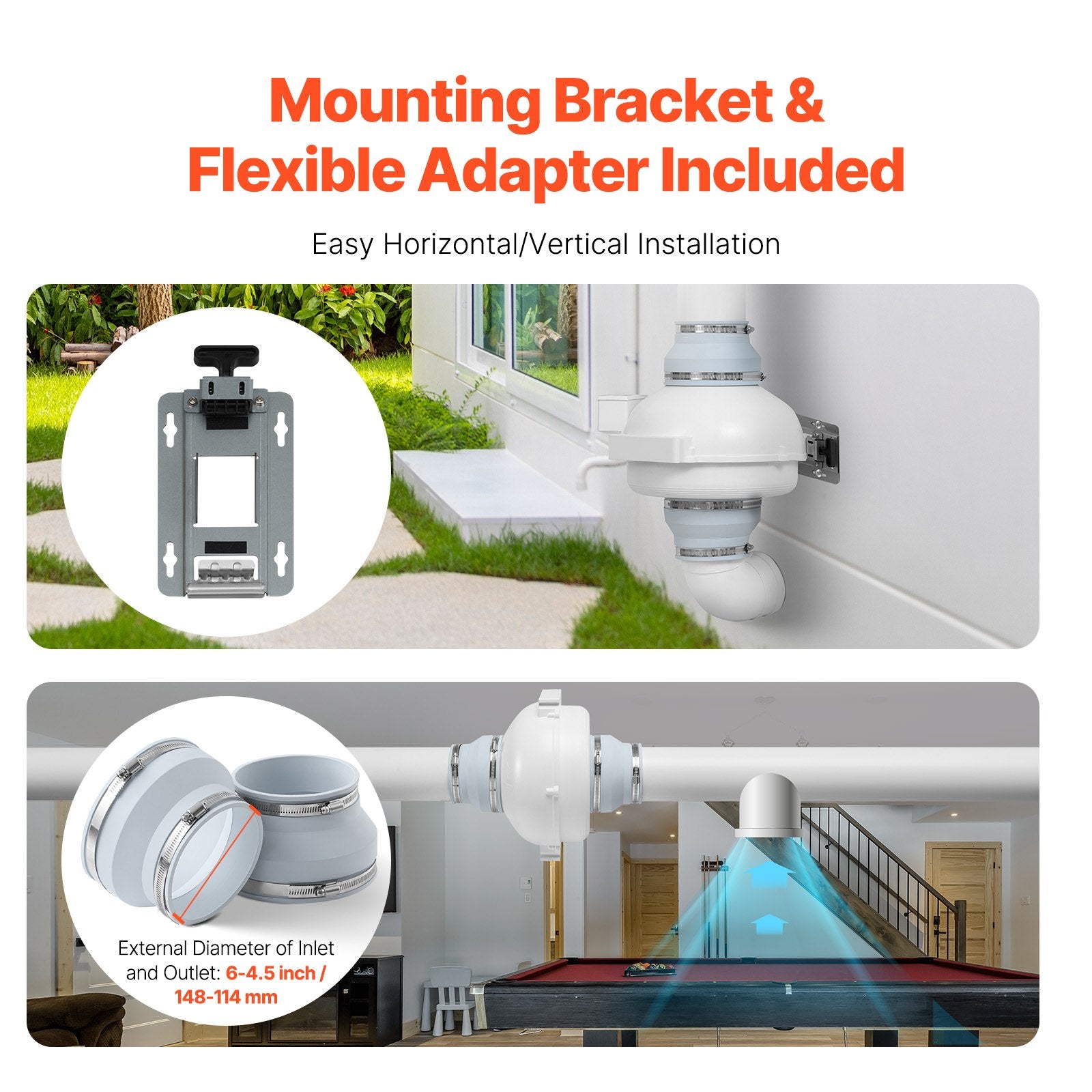 Radon Fan Installation Kit 4.5-6in Quiet 380CFM Mitigation System Indoor Outdoor