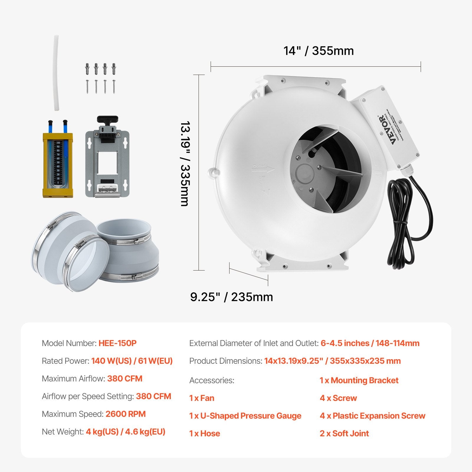 Radon Fan Installation Kit 4.5-6in Quiet 380CFM Mitigation System Indoor Outdoor