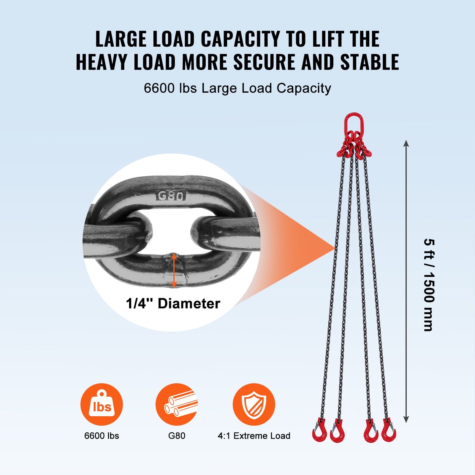 Chain Sling 6mm x 150cm G80 Engine Hoist 3 Ton Lifting Chain with 4 Hooks